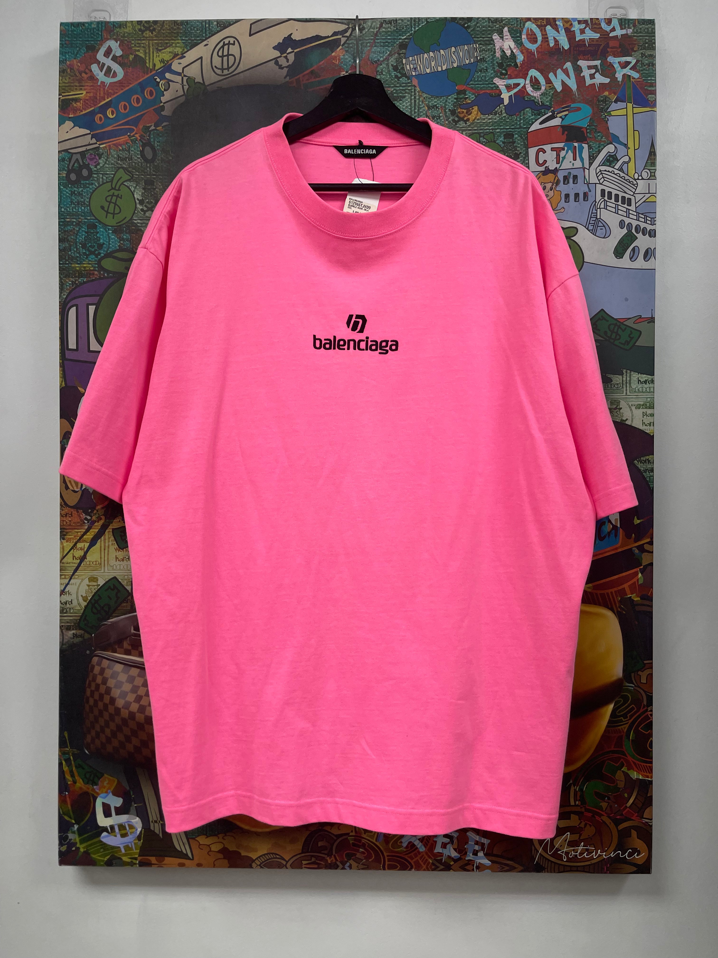 Balenciaga Hot Pink Black Embroidered Tee