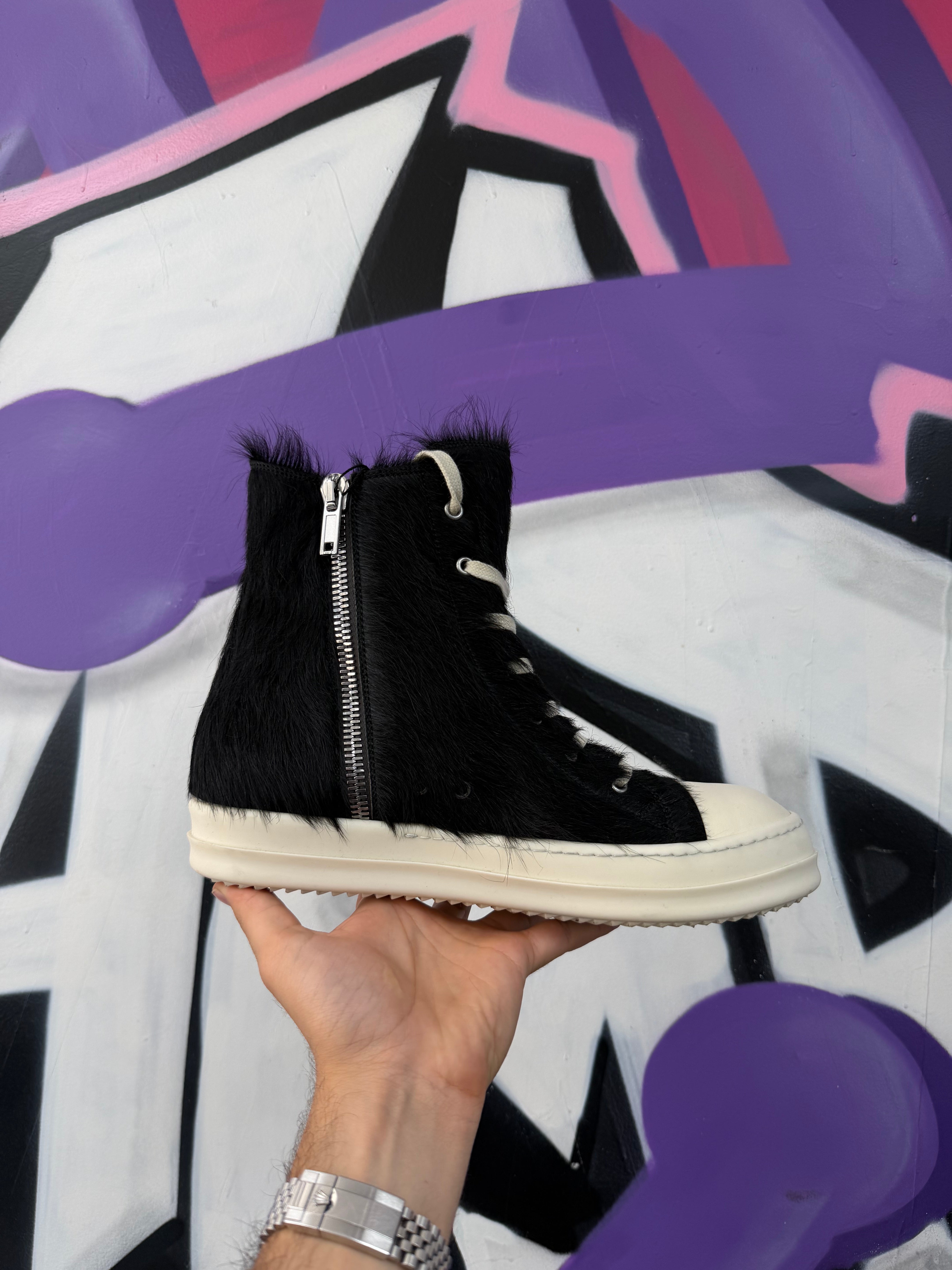 Rick Owens Black Ponyhair Ramone High Sneakers