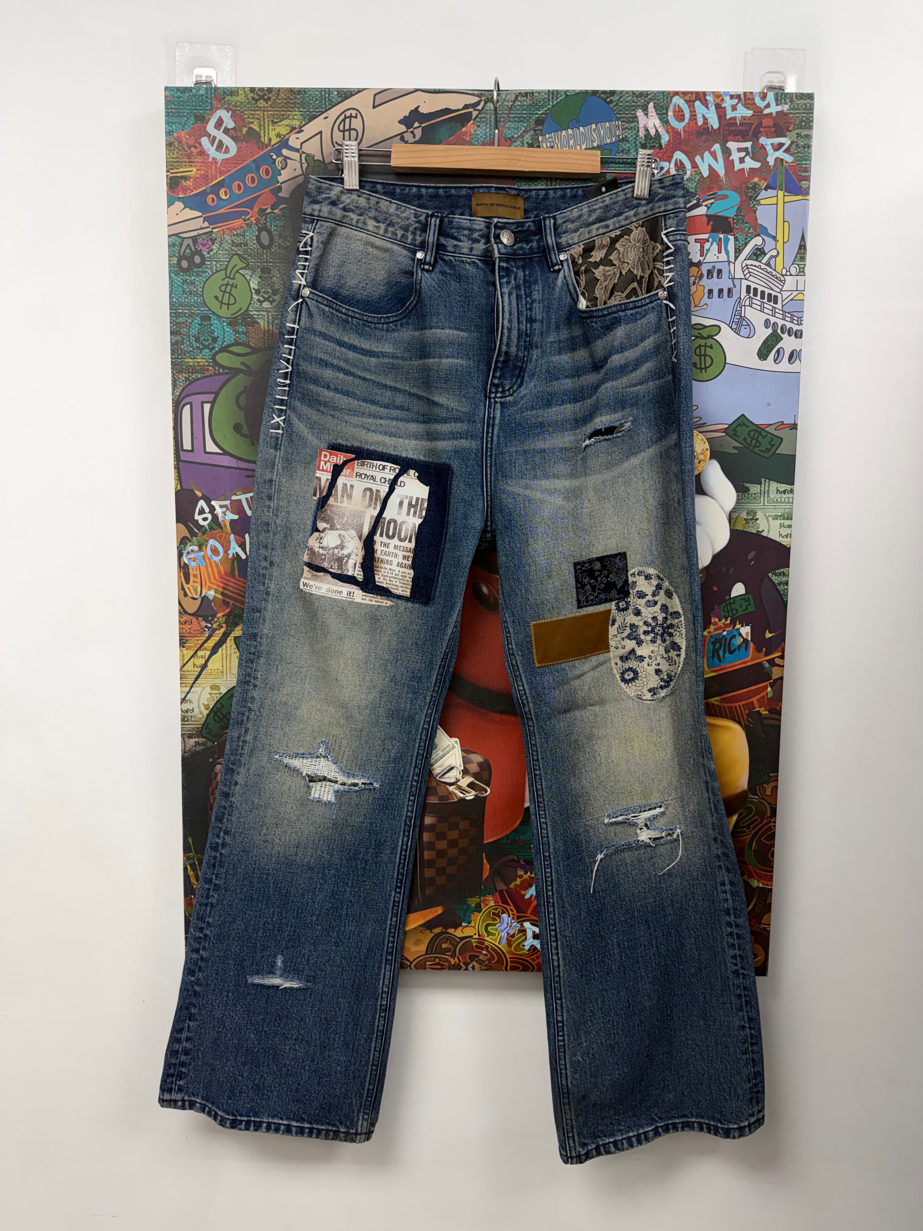 Birth Of A Royal Child Patchwork Faded Jeans