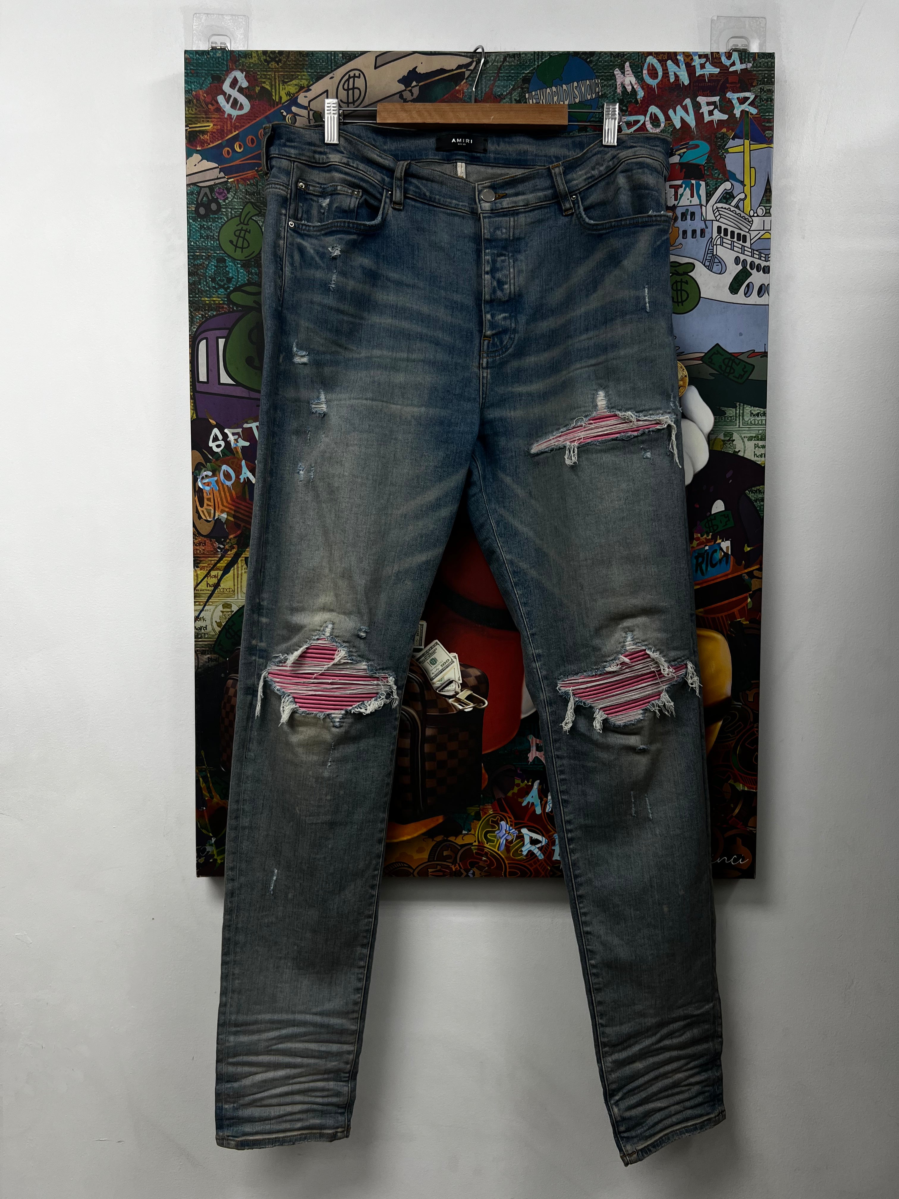 Amiri MX1 Light Wash Pink Patch Jeans