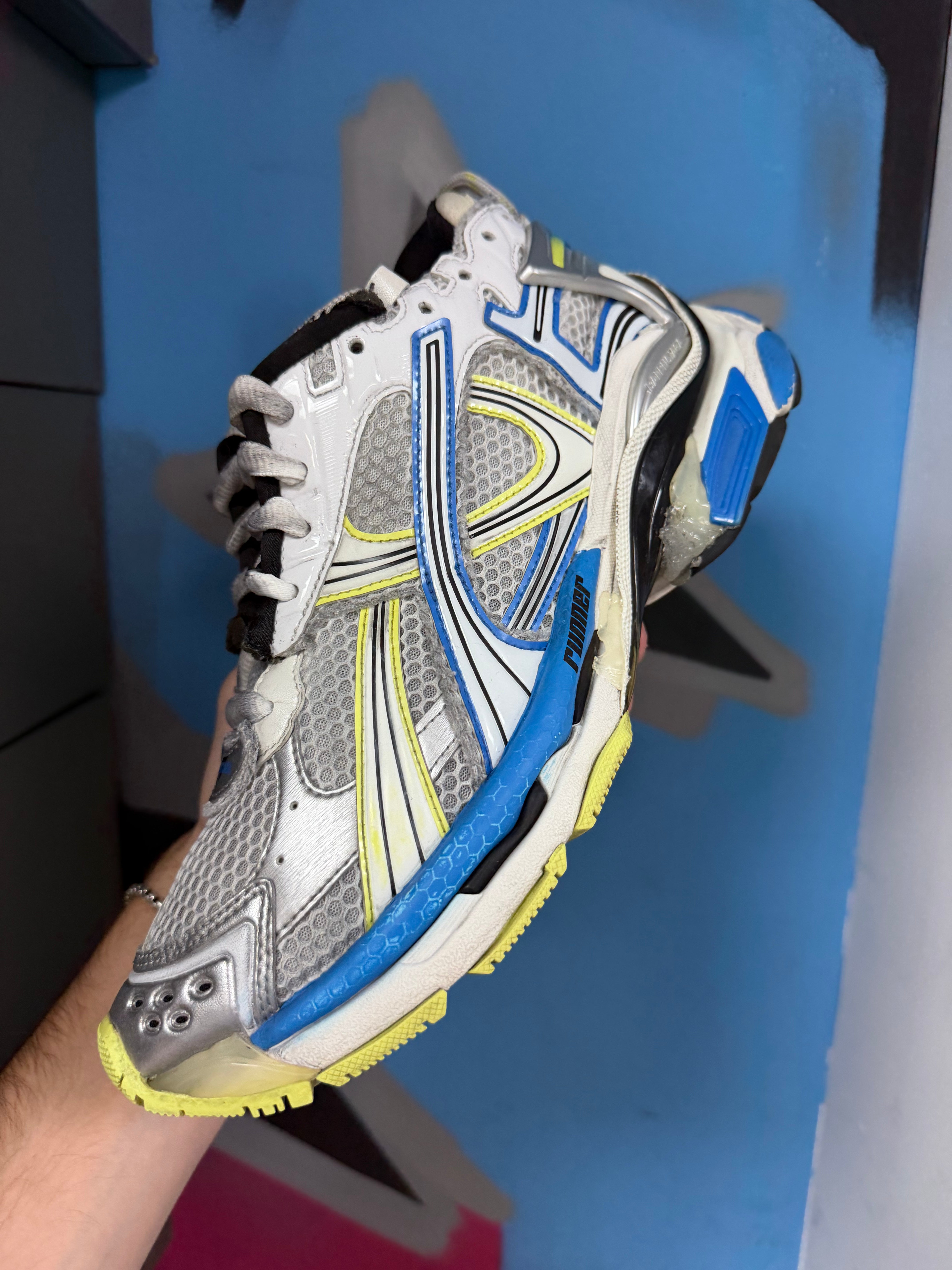 Balenciaga White Lime Blue Runner Sneakers