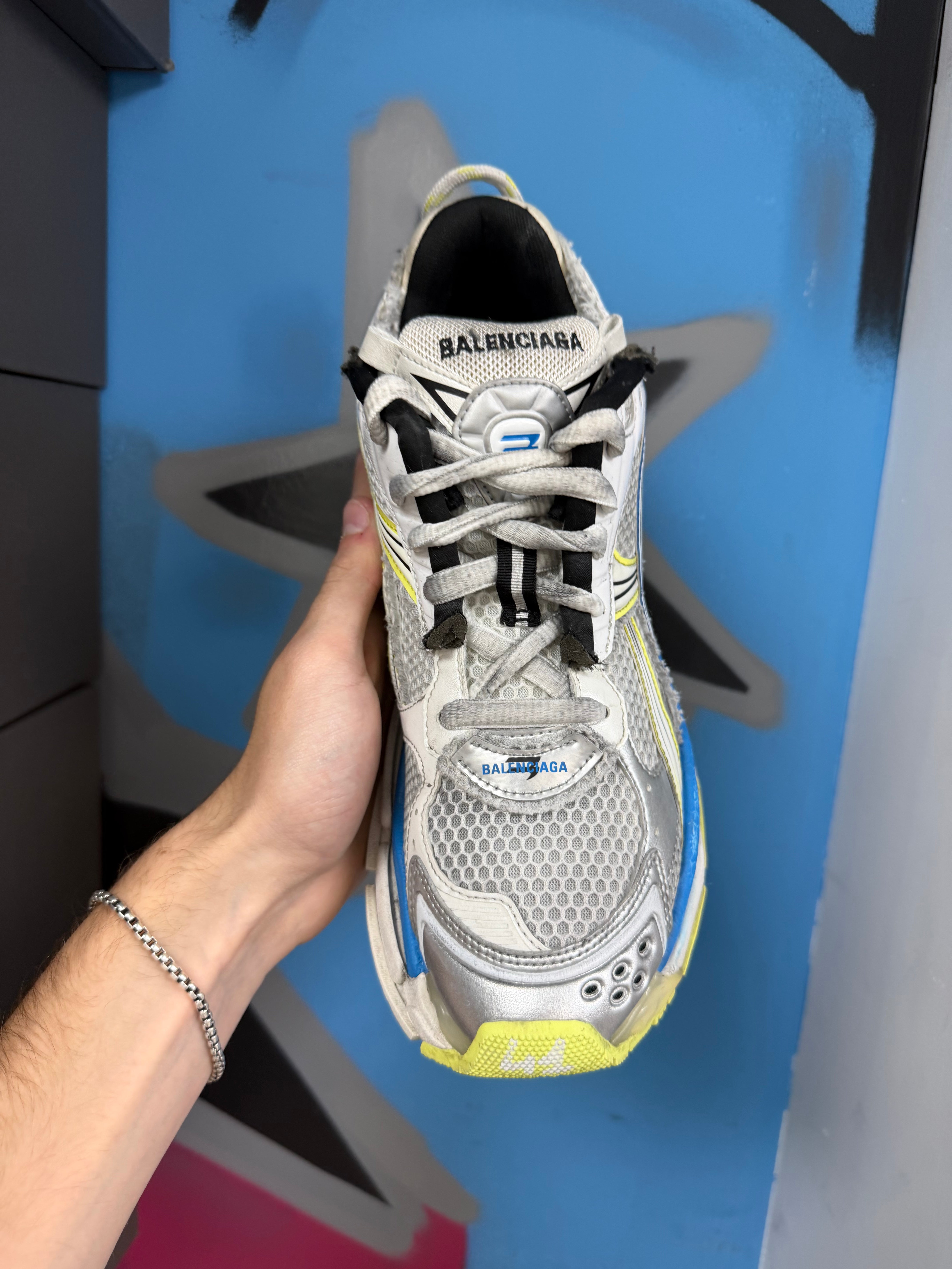Balenciaga White Lime Blue Runner Sneakers