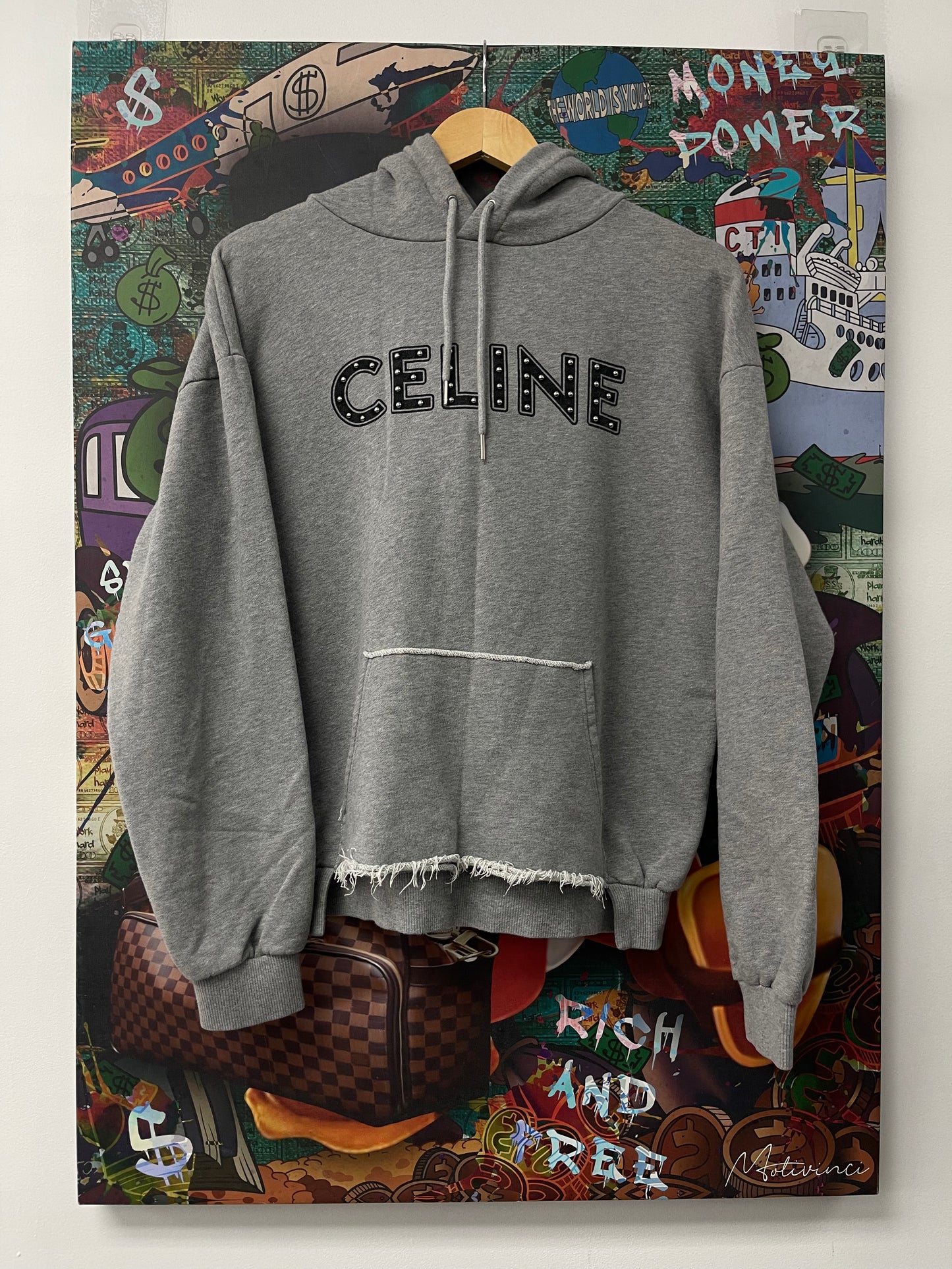 Celine Studded Logo Distressed Hoodie Grey Used Medium