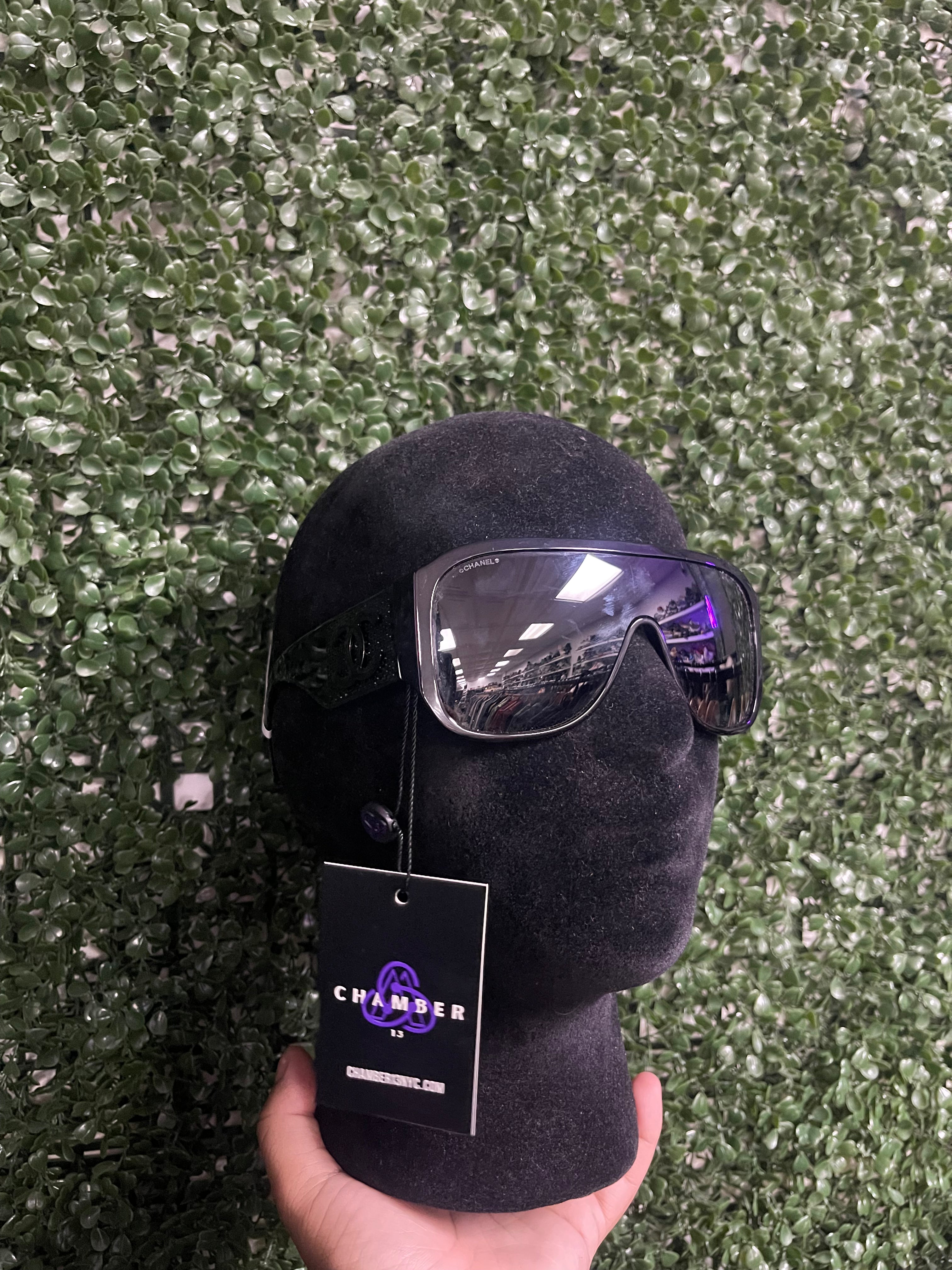 Chanel Black Acetate Crystal CC Shield Sunglasses