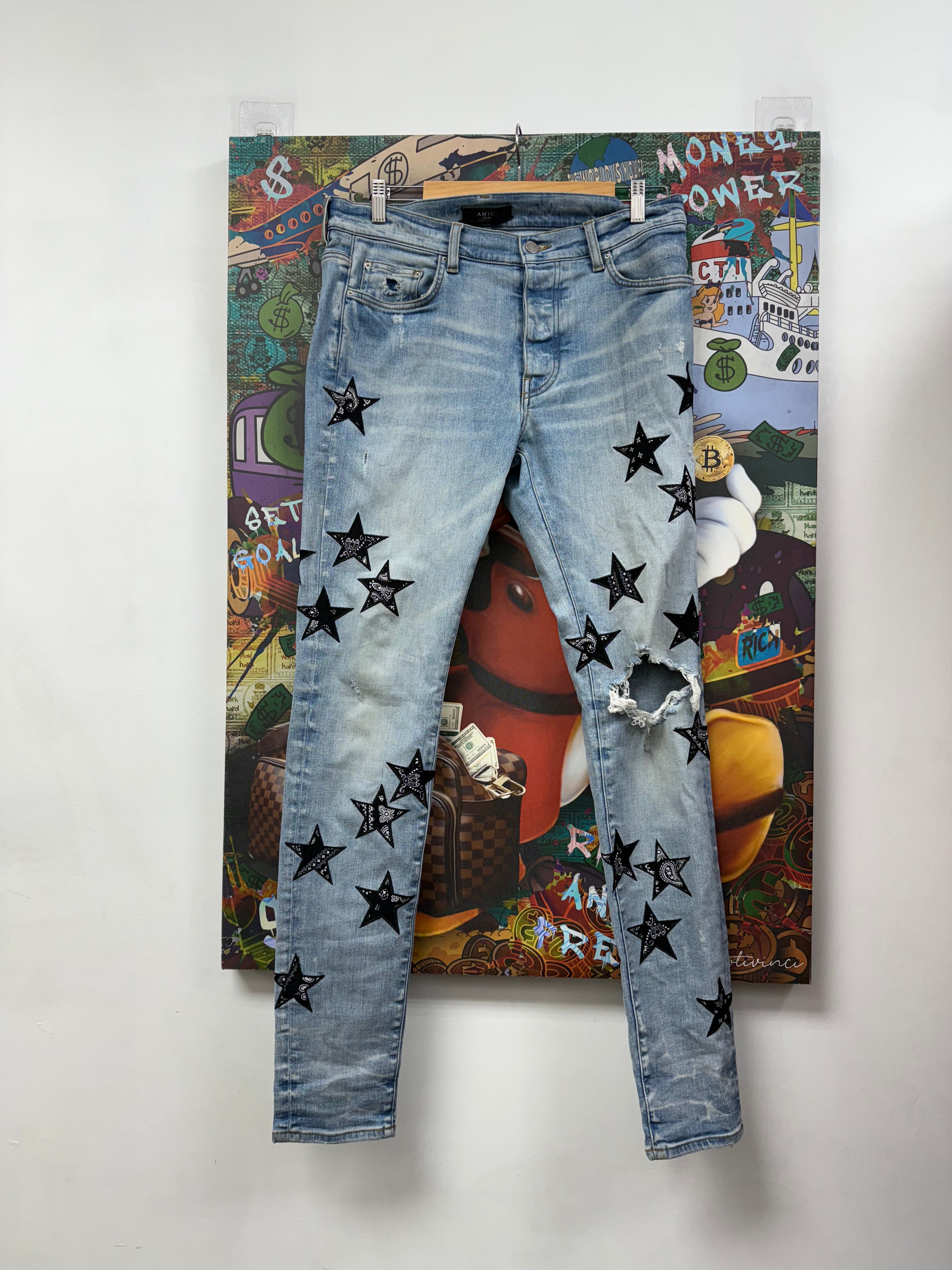 Amiri Light Wash Black Bandana Star Jeans