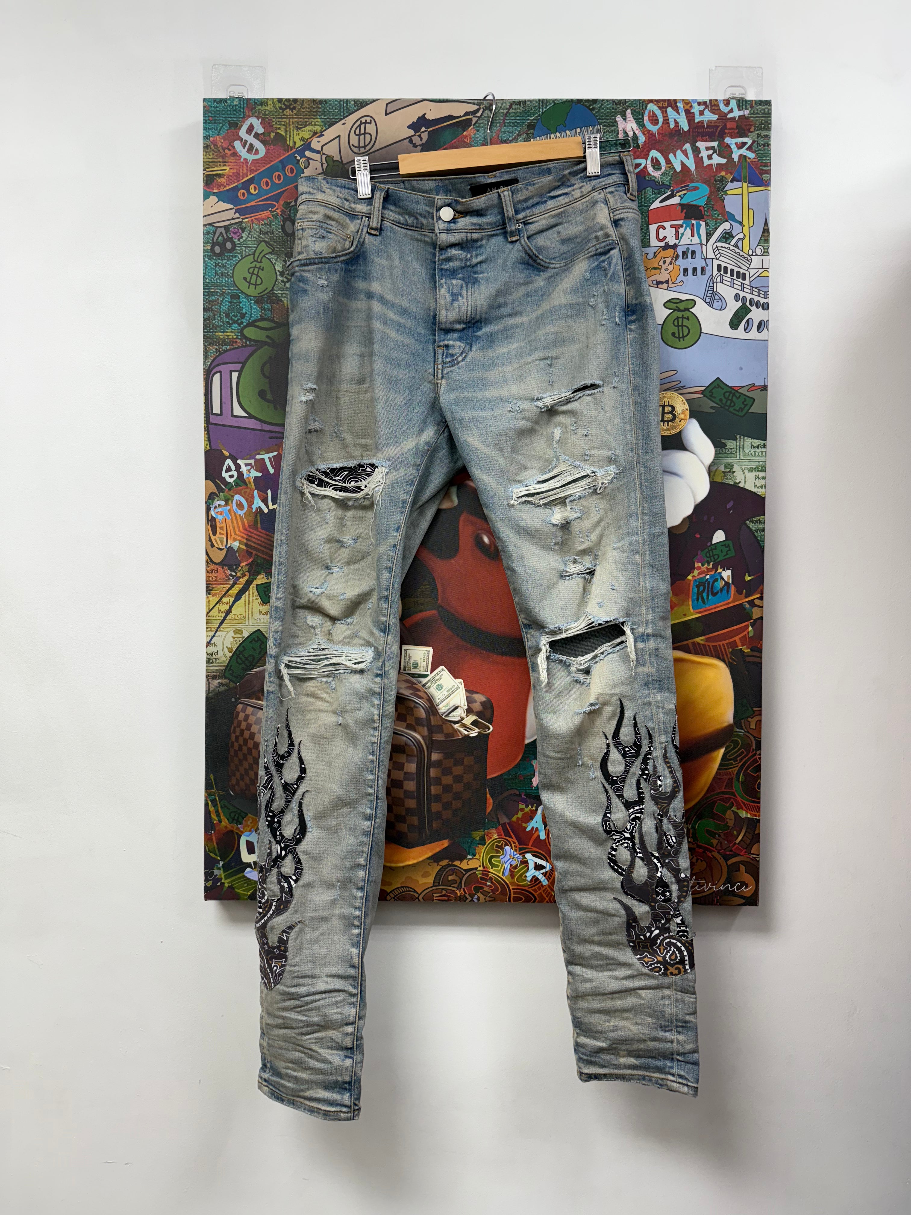 Amiri Light Wash Black Bandana Flames Jeans