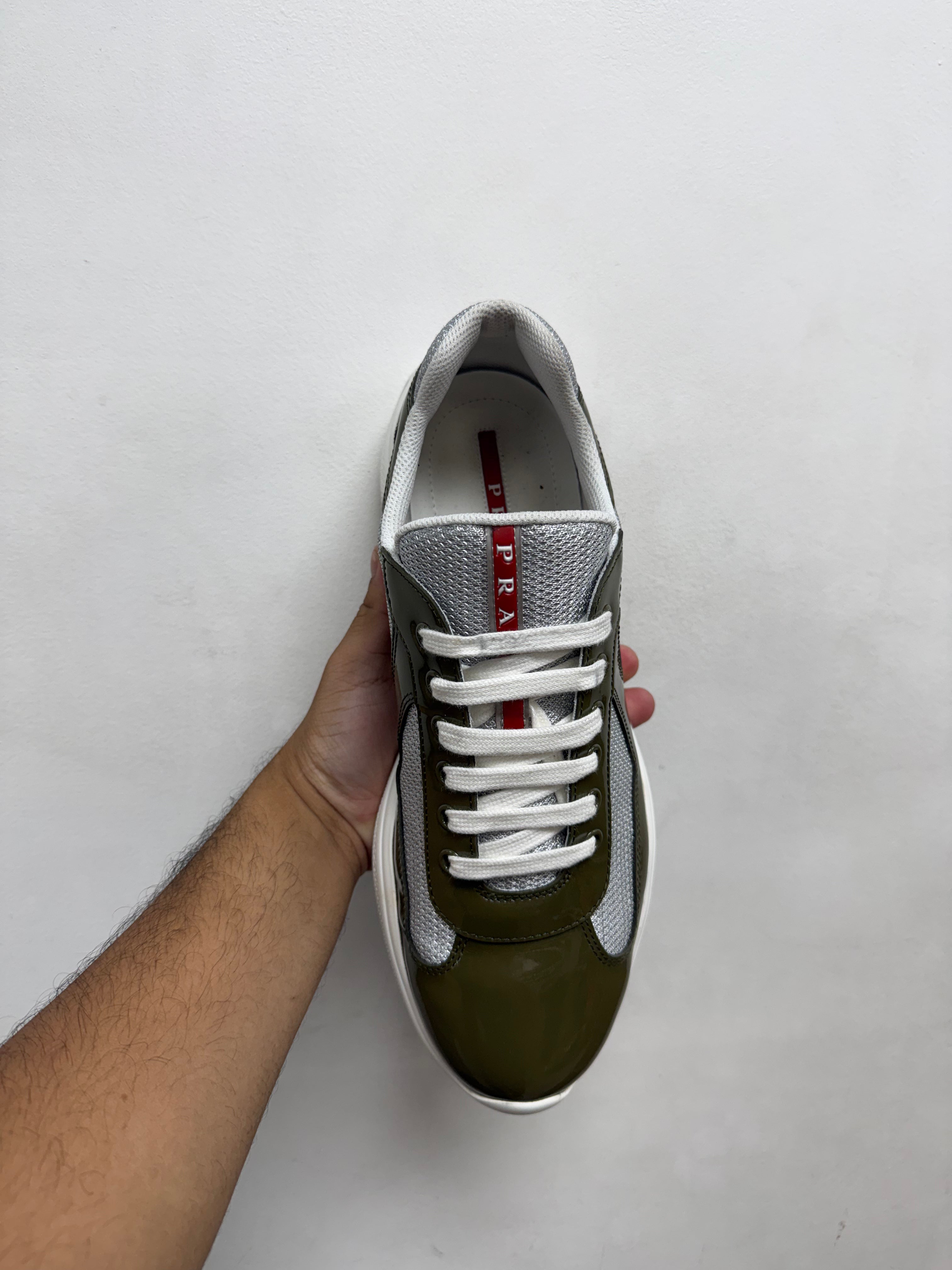 Prada Olive White Patent Cup Sneakers
