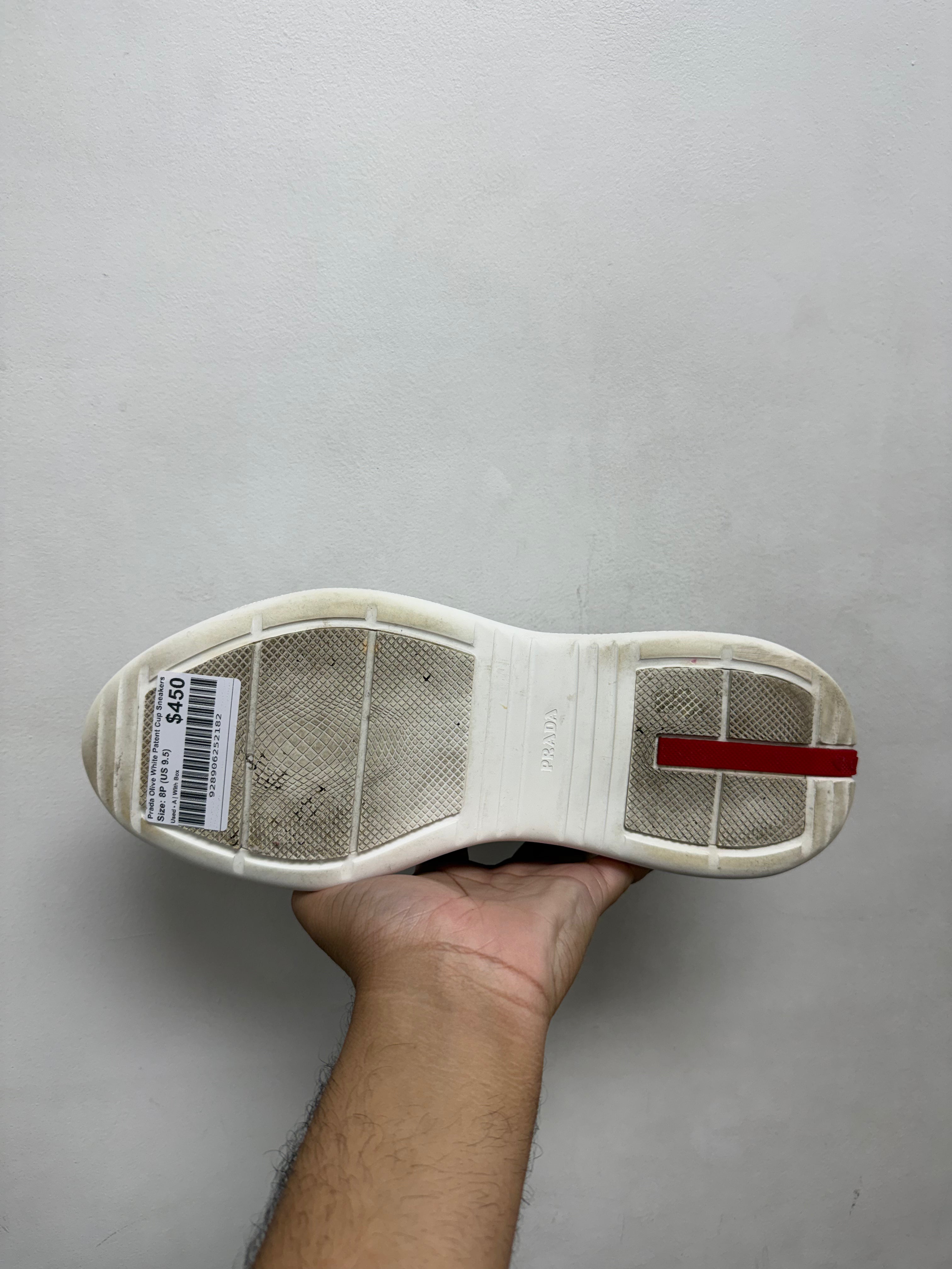 Prada Olive White Patent Cup Sneakers