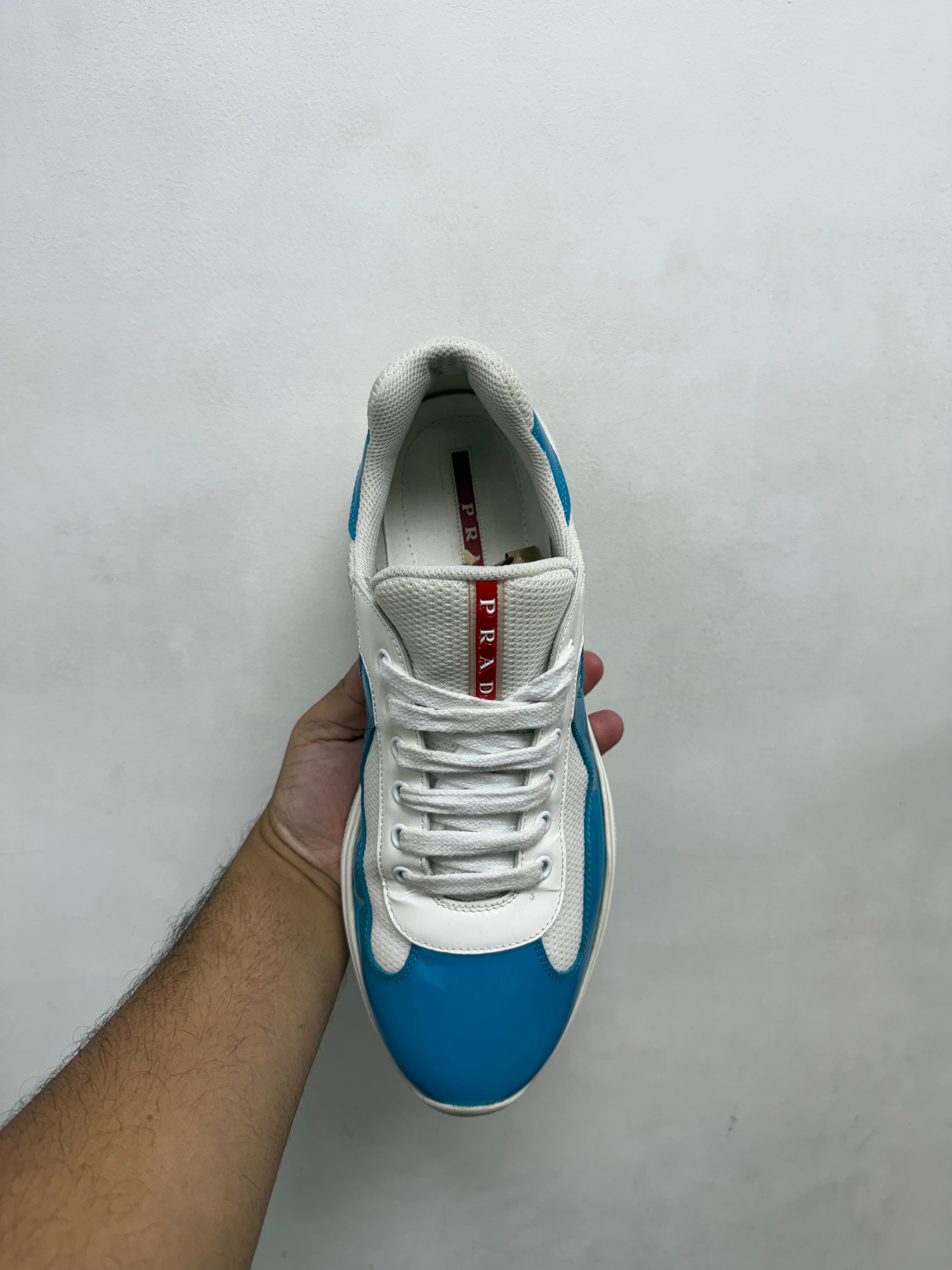 Prada Blue White Patent Cup Sneakers