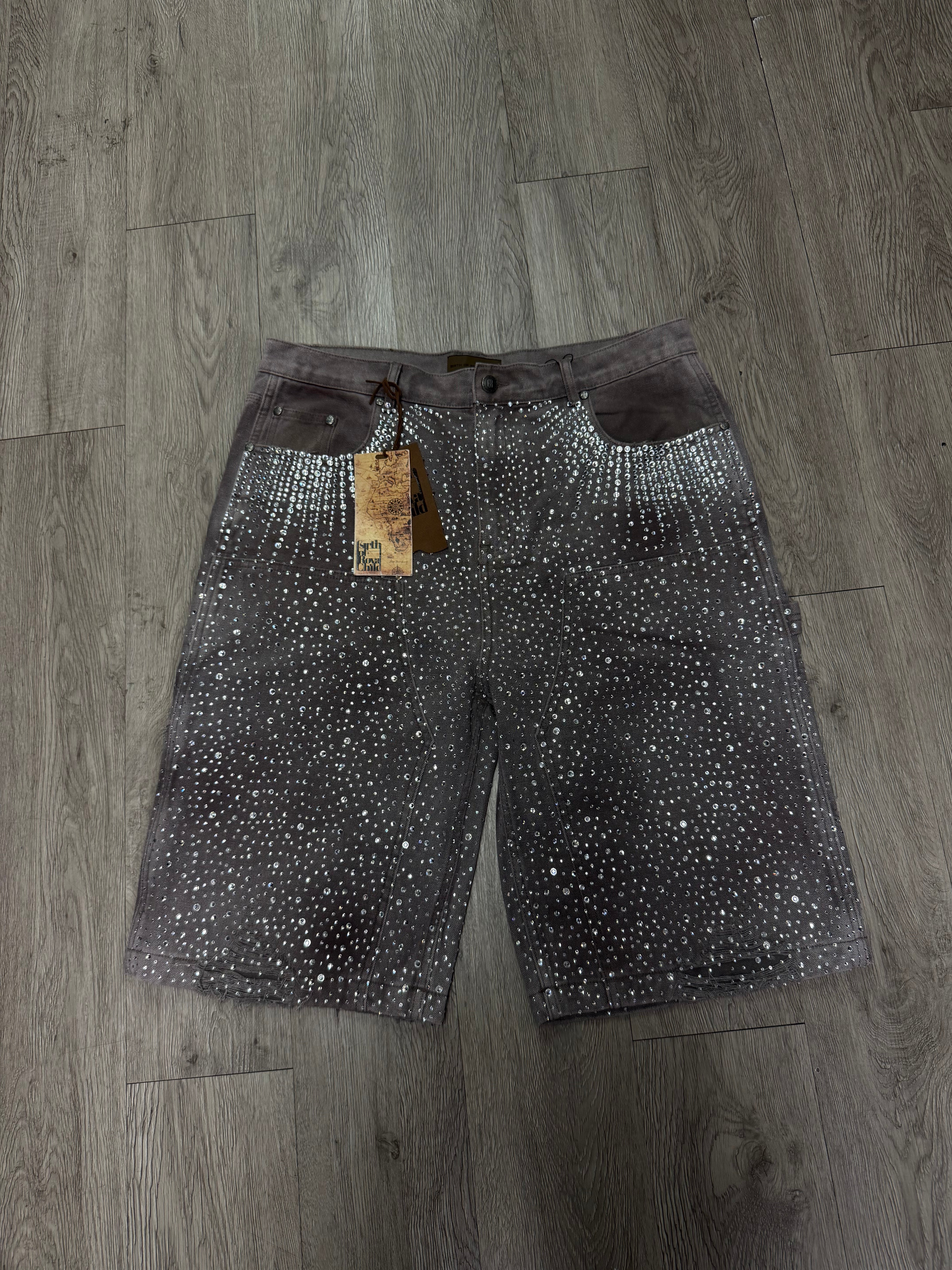 Birth Of A Royal Child Brown Wash Rhinestone Shorts