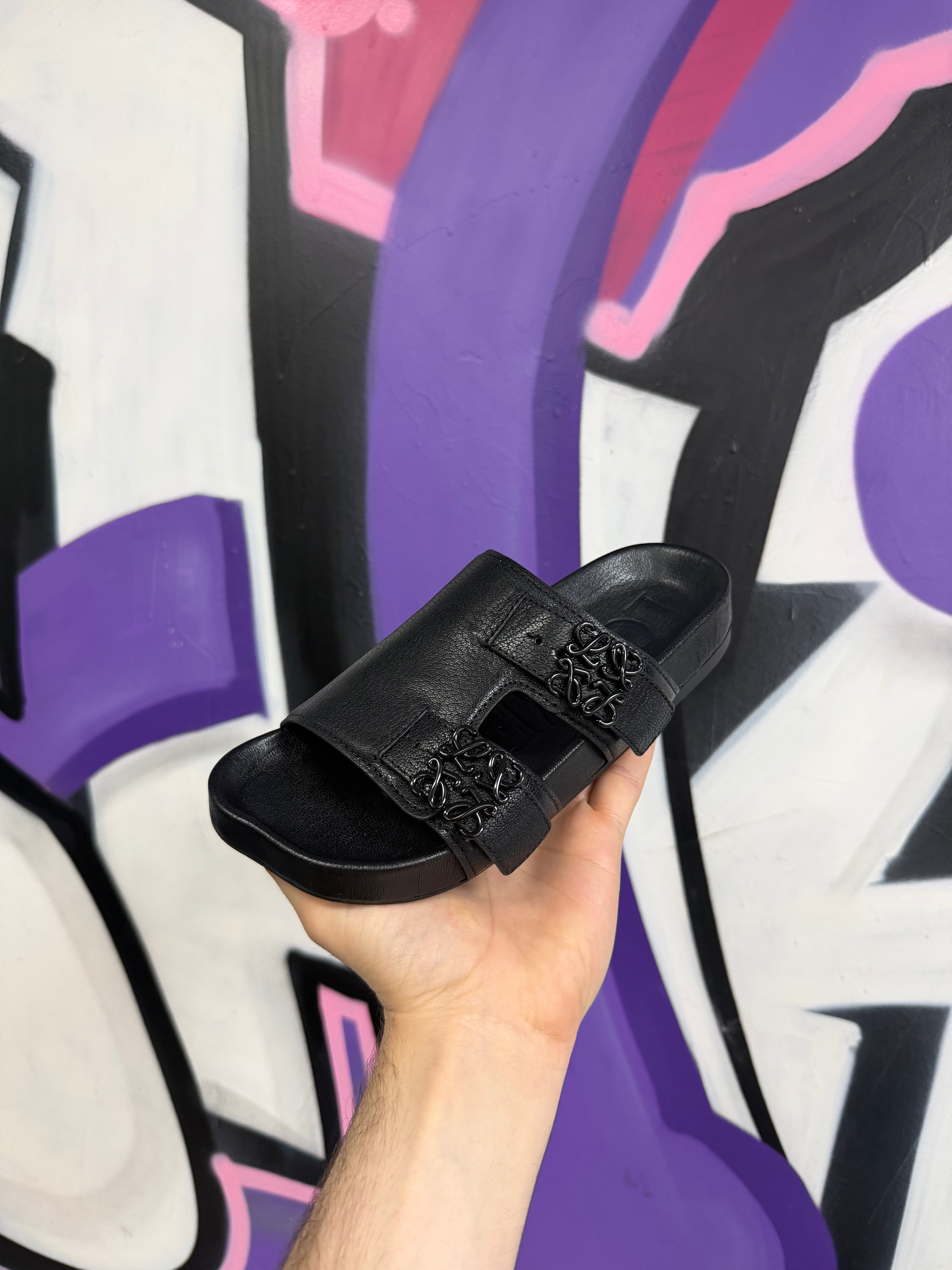 Loewe Black Leather Slingback Anagram Slides
