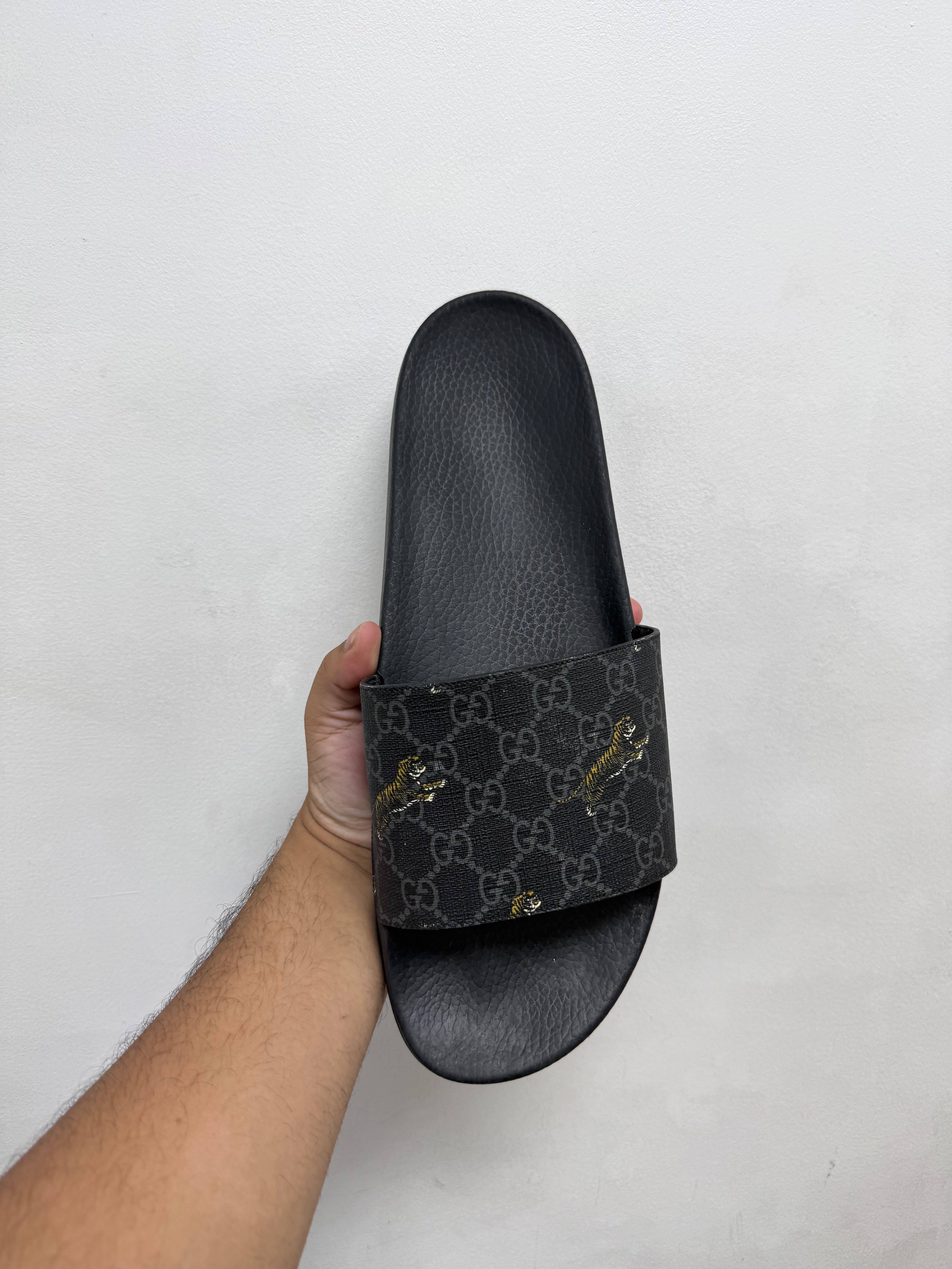 Gucci Black GG Monogram Tiger Slides