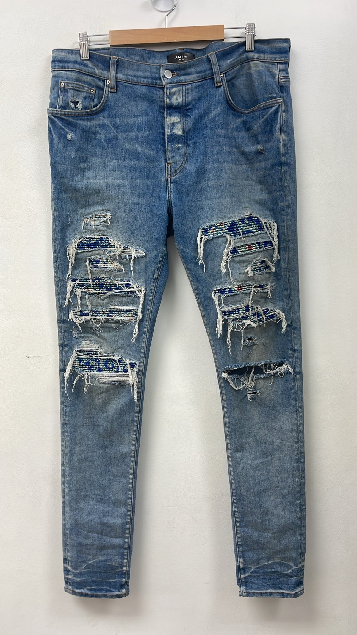 Amiri Light Wash Pajama Paisley Thrasher Patch Jeans