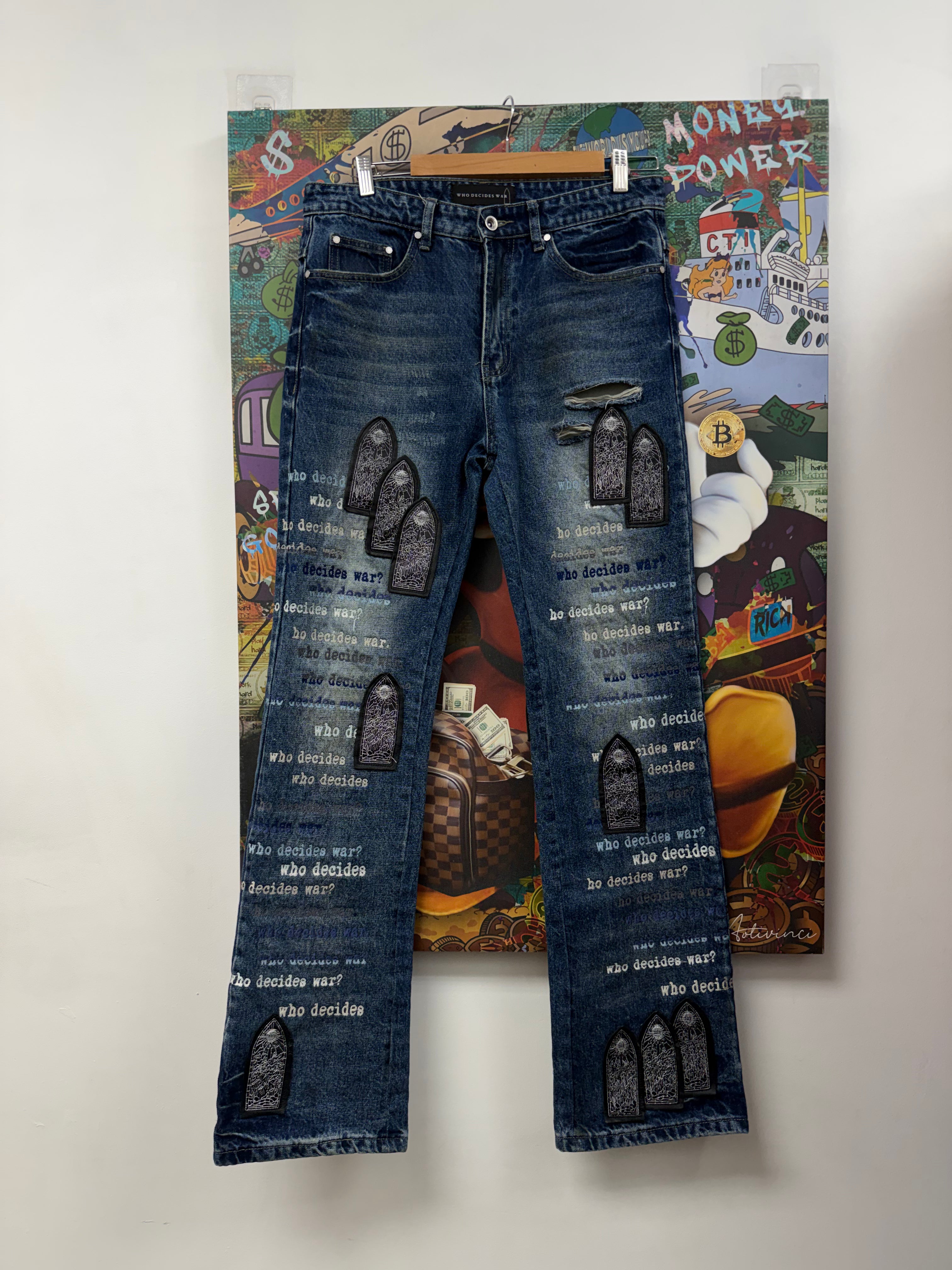 Who Decides War Navy Scripture Patch Jeans