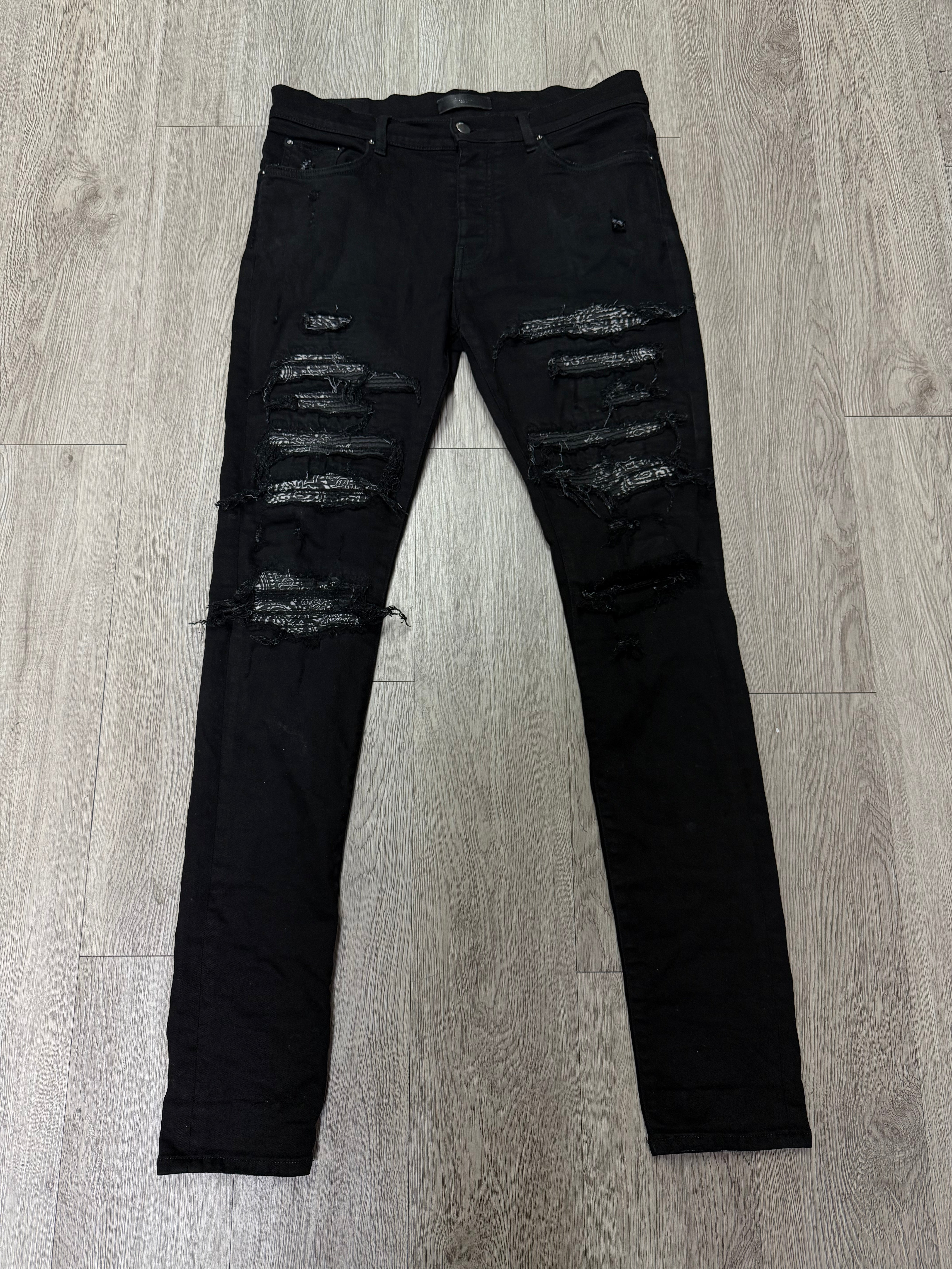 Amiri Black Paisley Thrasher Patch Jeans