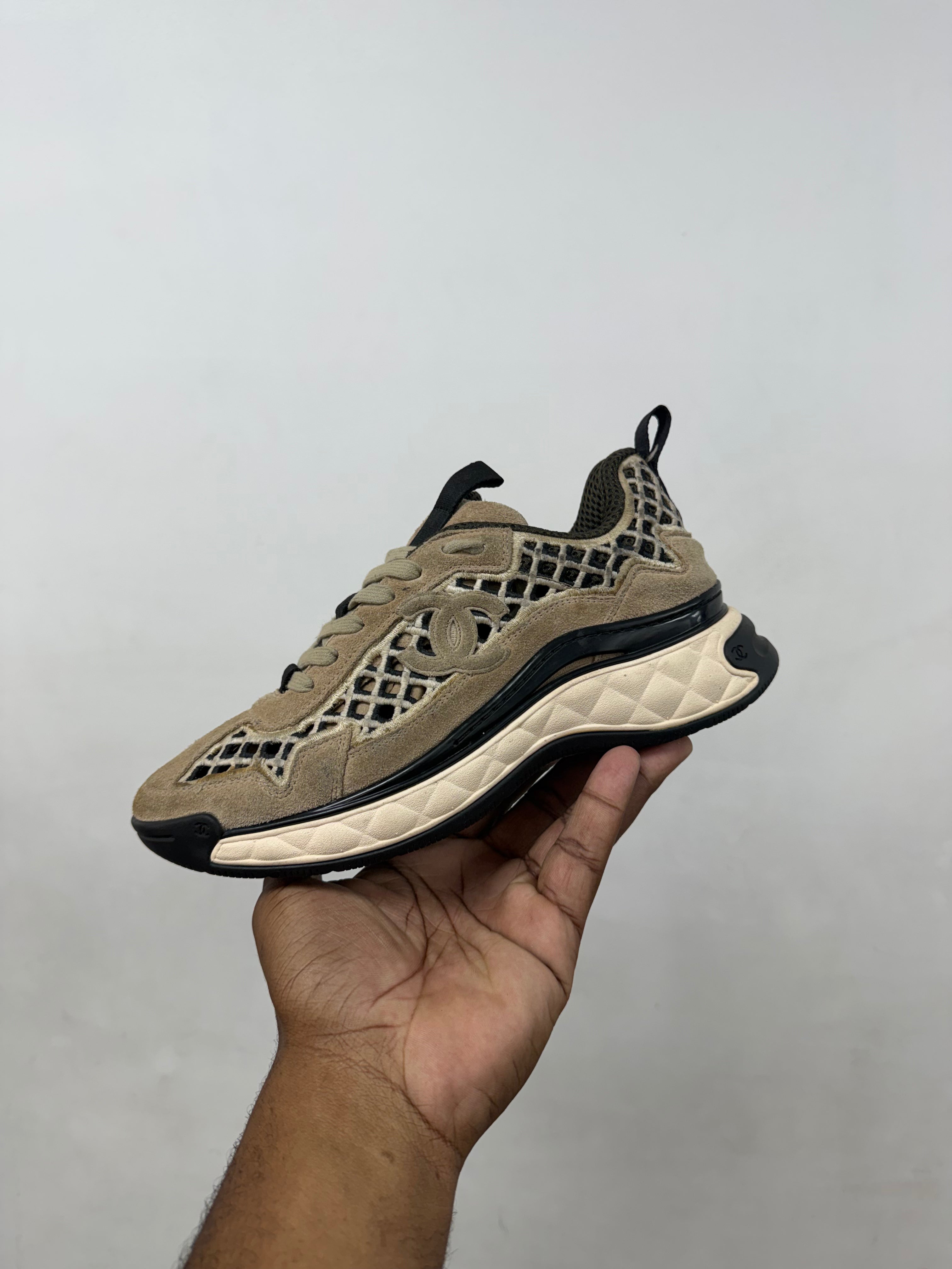 Chanel Tan Black Knit CC Logo Runner Sneakers