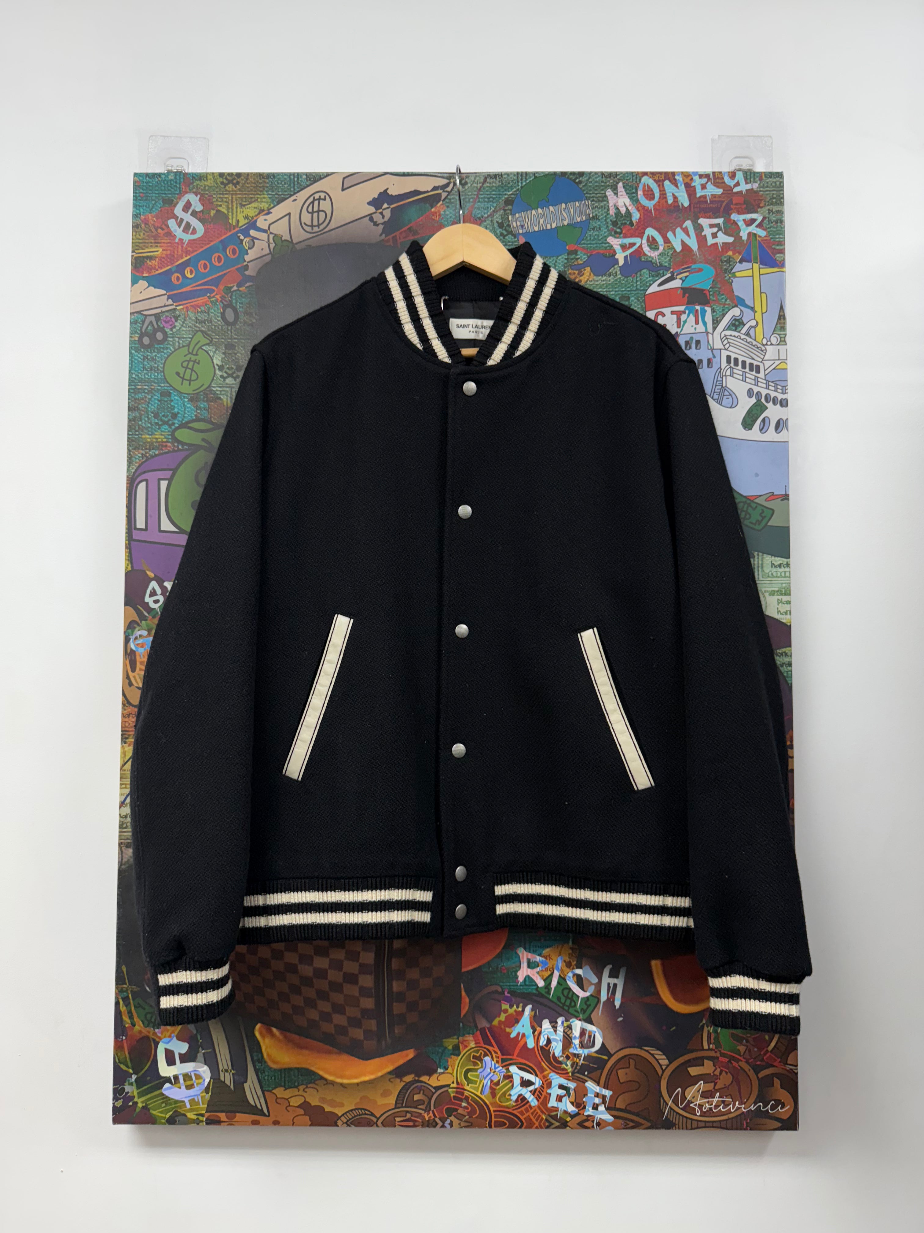 Saint Laurent Black Cream Teddy Leather Patch (54) Varsity Jacket