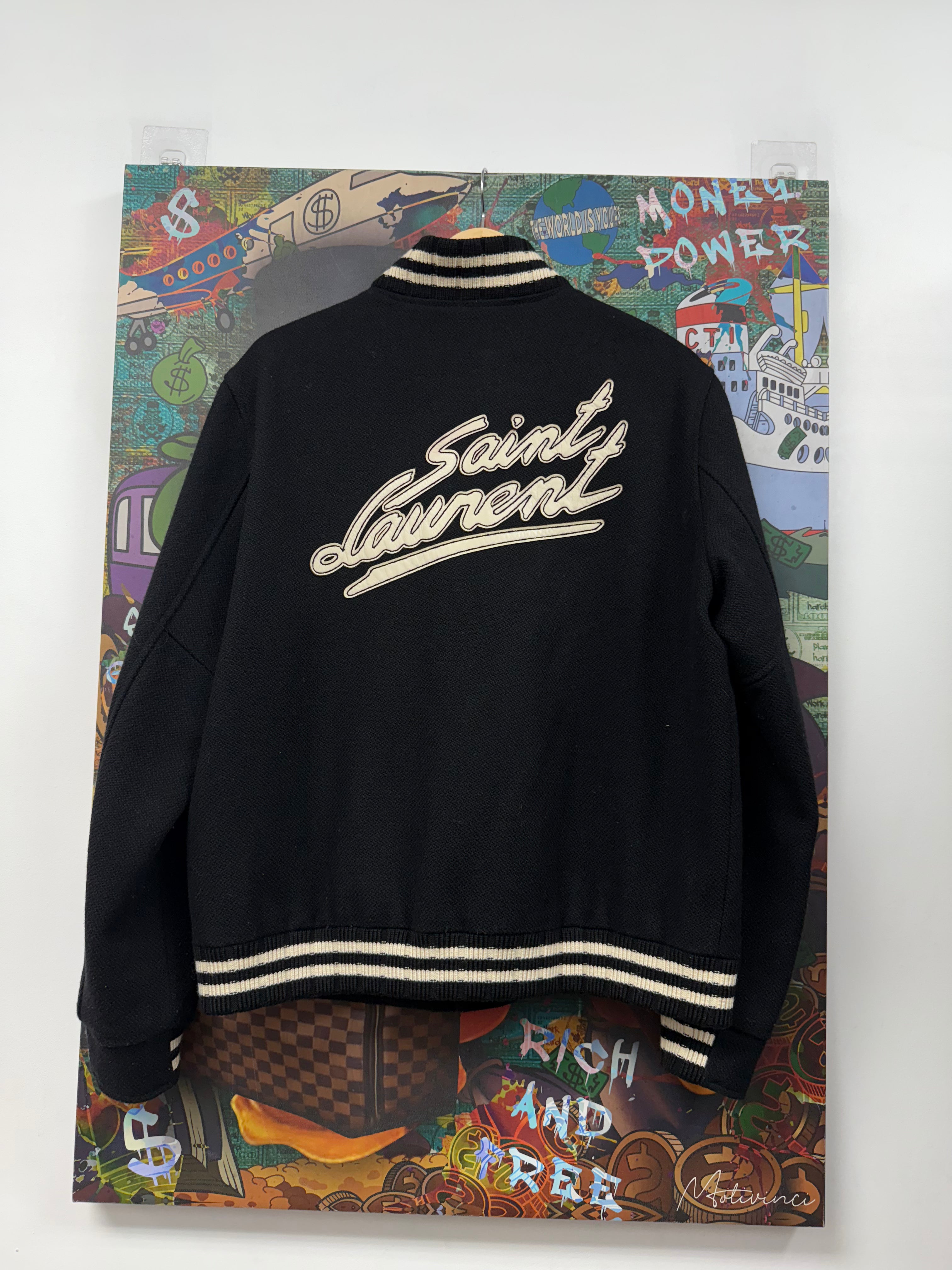Saint Laurent Black Cream Teddy Leather Patch (54) Varsity Jacket
