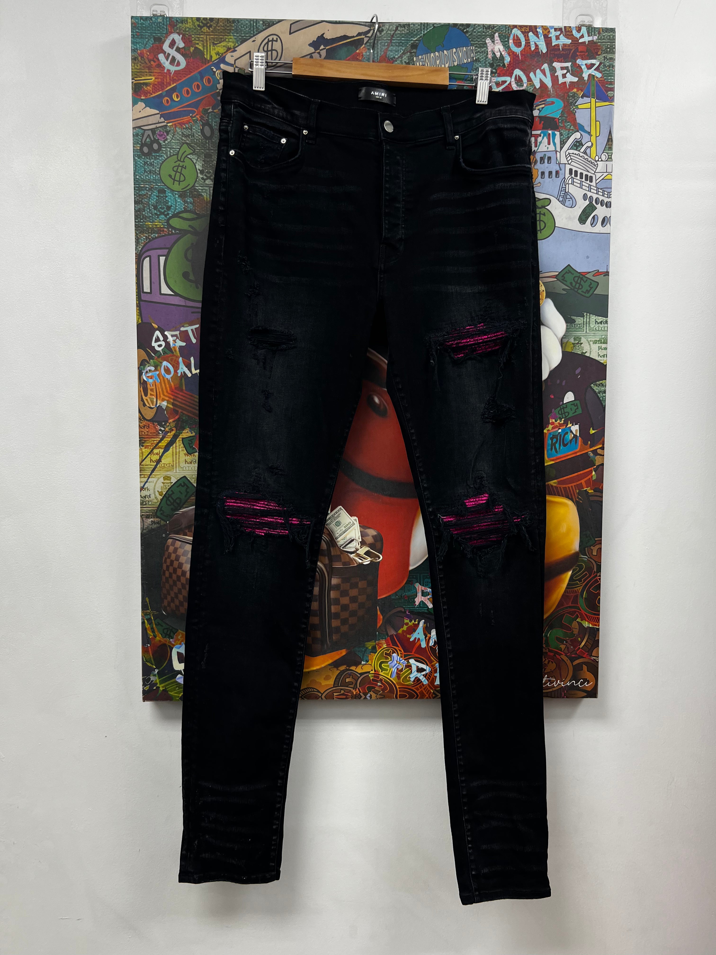 Amiri MX1 Black Wash Pink Crackle Patch Jeans