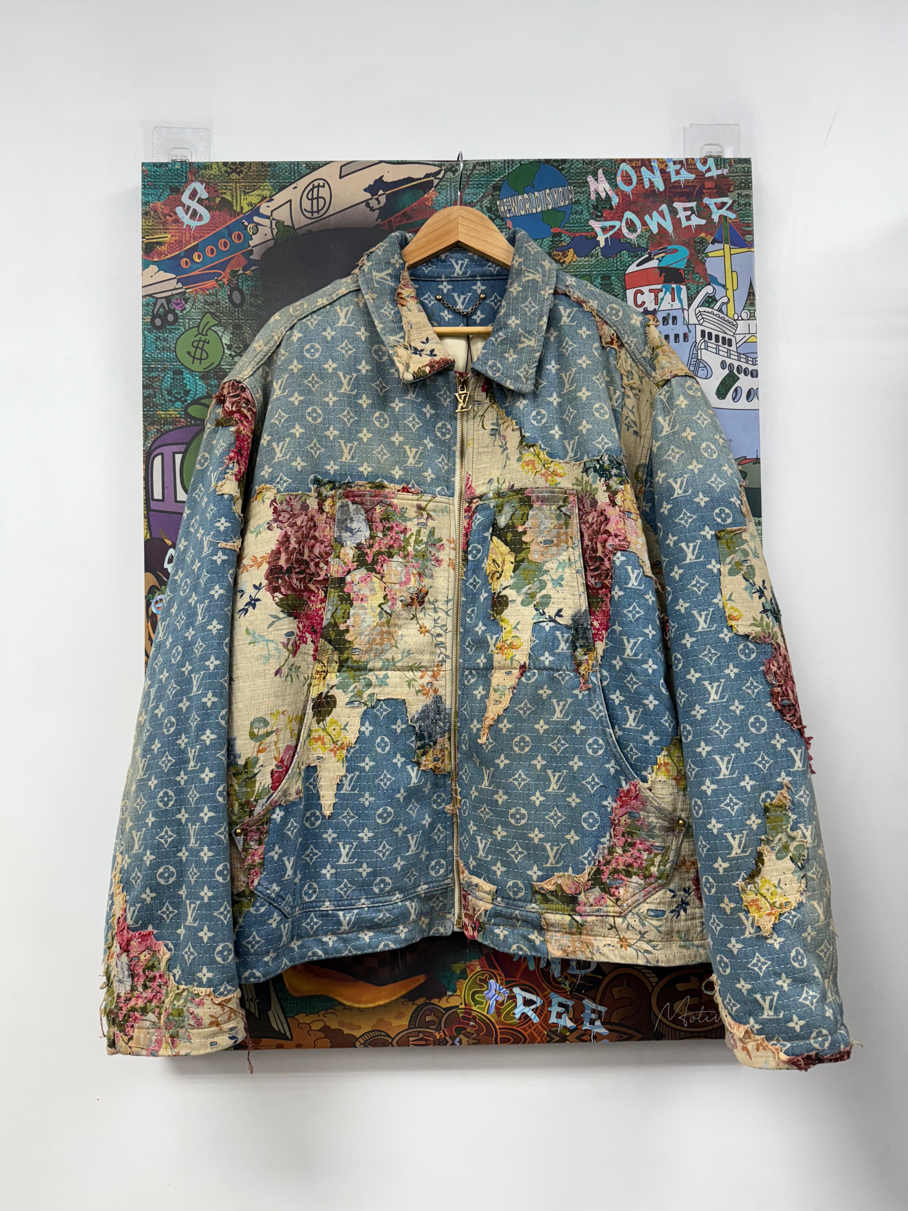 Louis Vuitton Light Wash Denim Floral Destroyed Quilted (58) Jacket