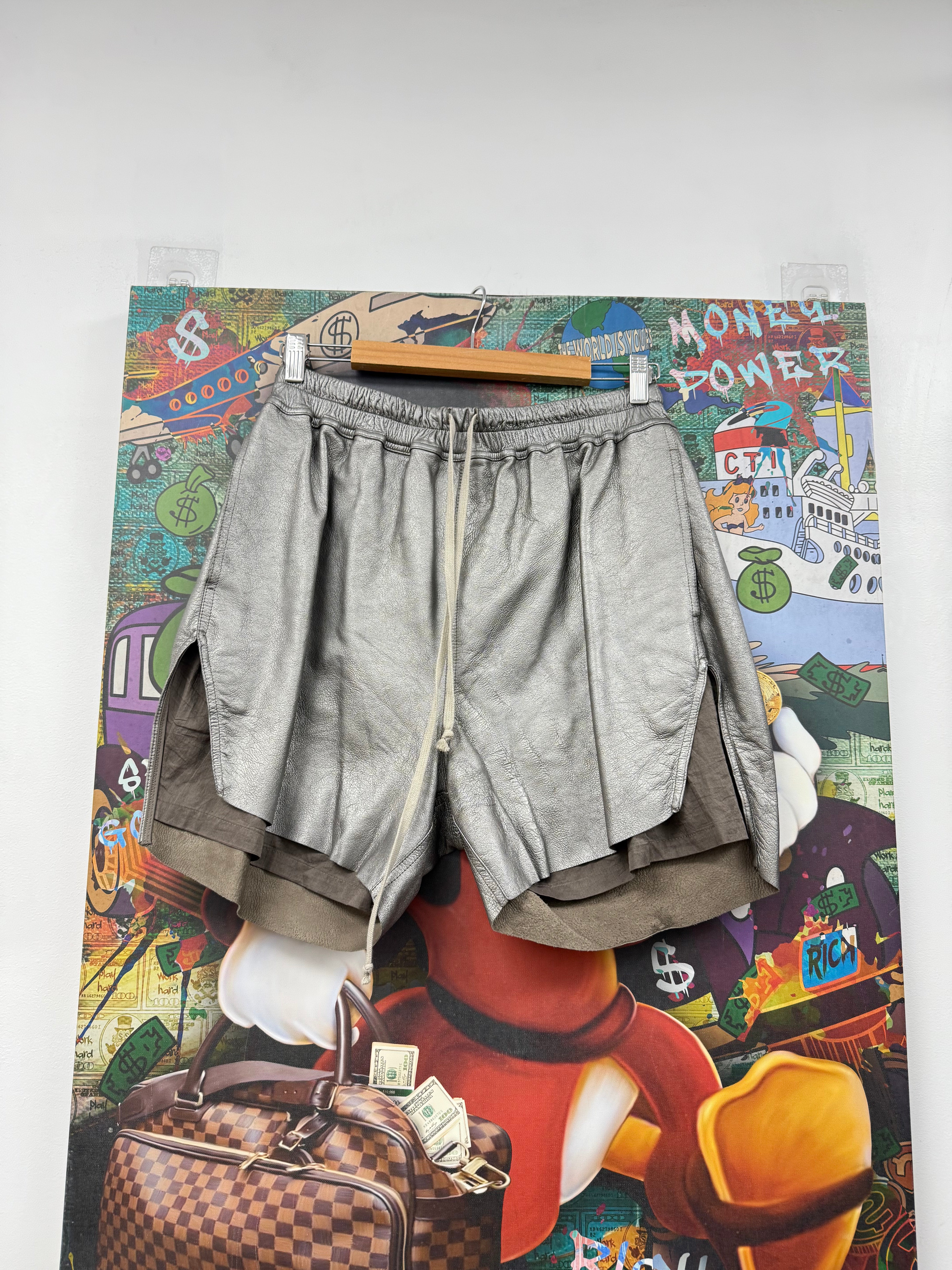 Rick Owens Hollywood Boxer Leather Gunmetal Shorts