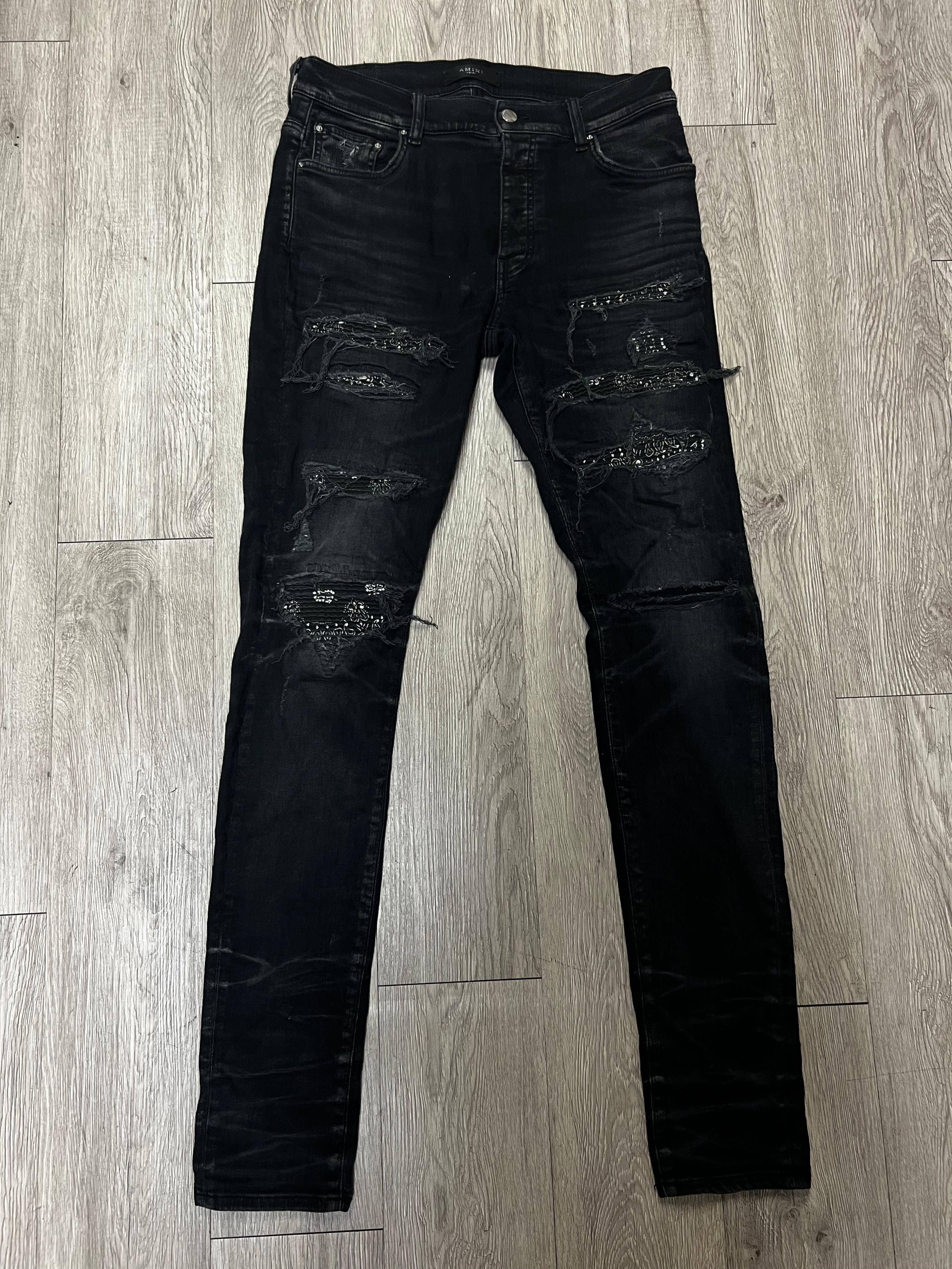 Amiri Black Wash Paisley Thrasher Patch Jeans