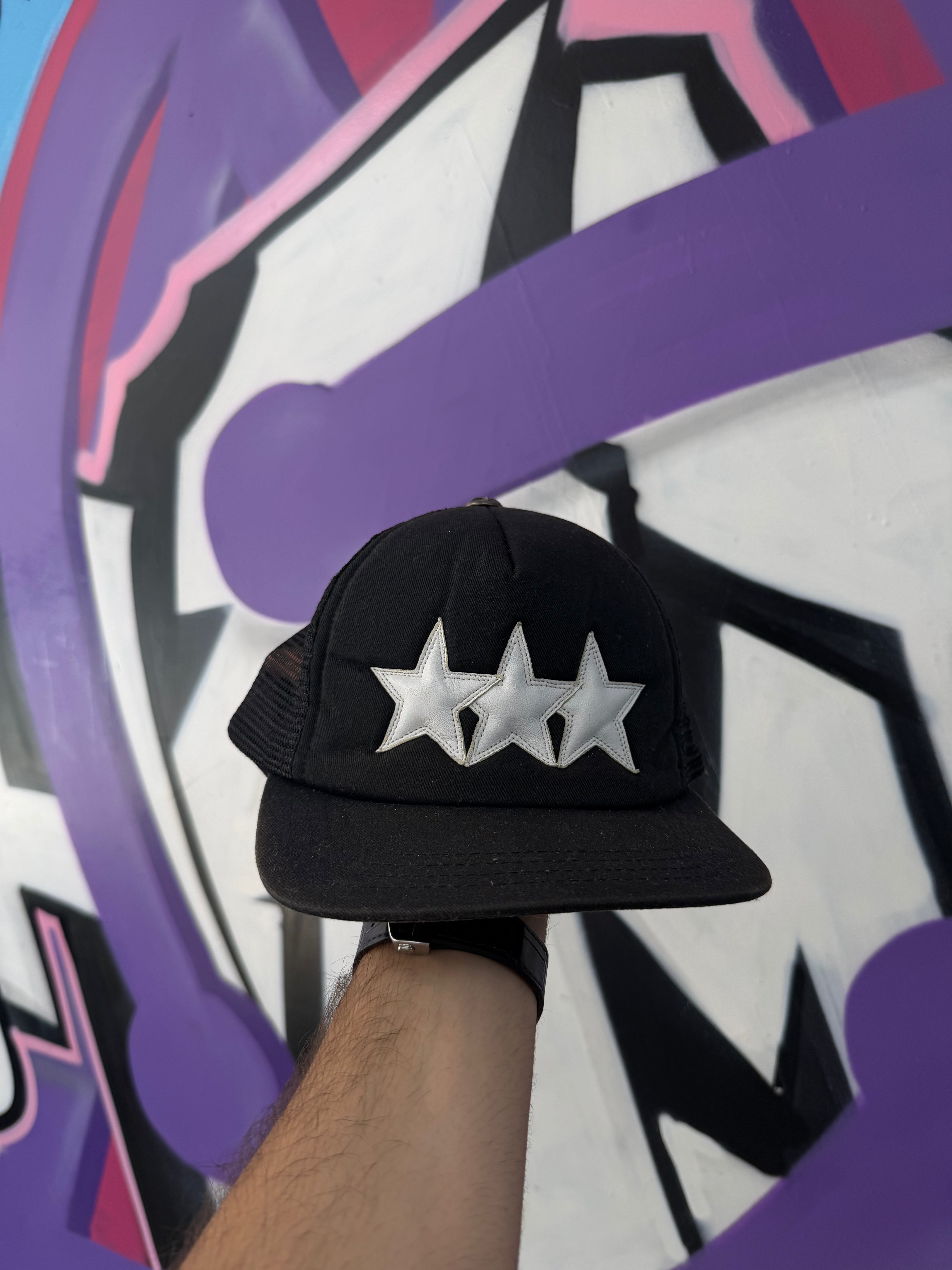 Chrome Hearts Black White Leather 3 Star Trucker Hat