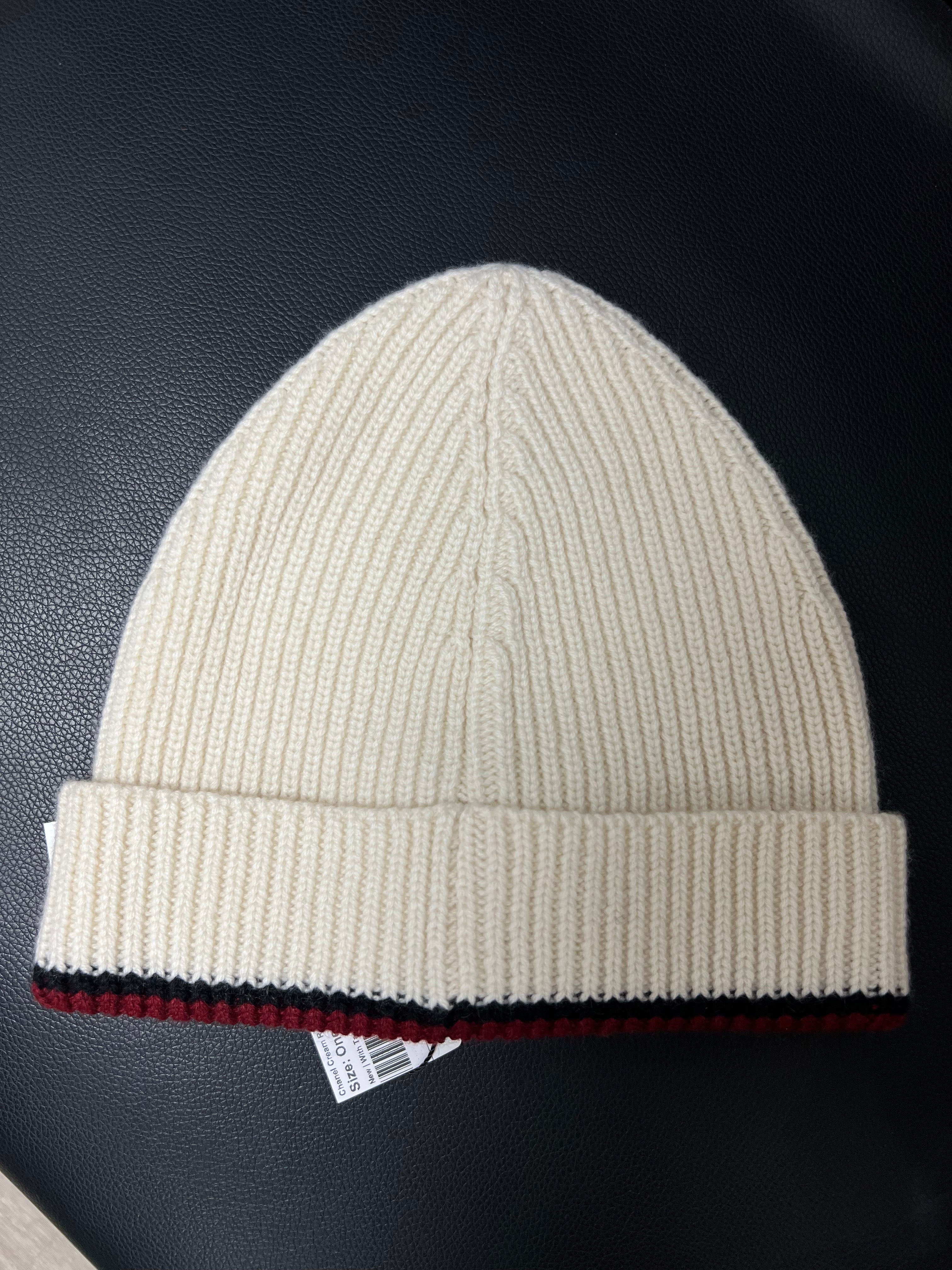 Chanel Cream Red Knit CC Stripe Logo Beanie