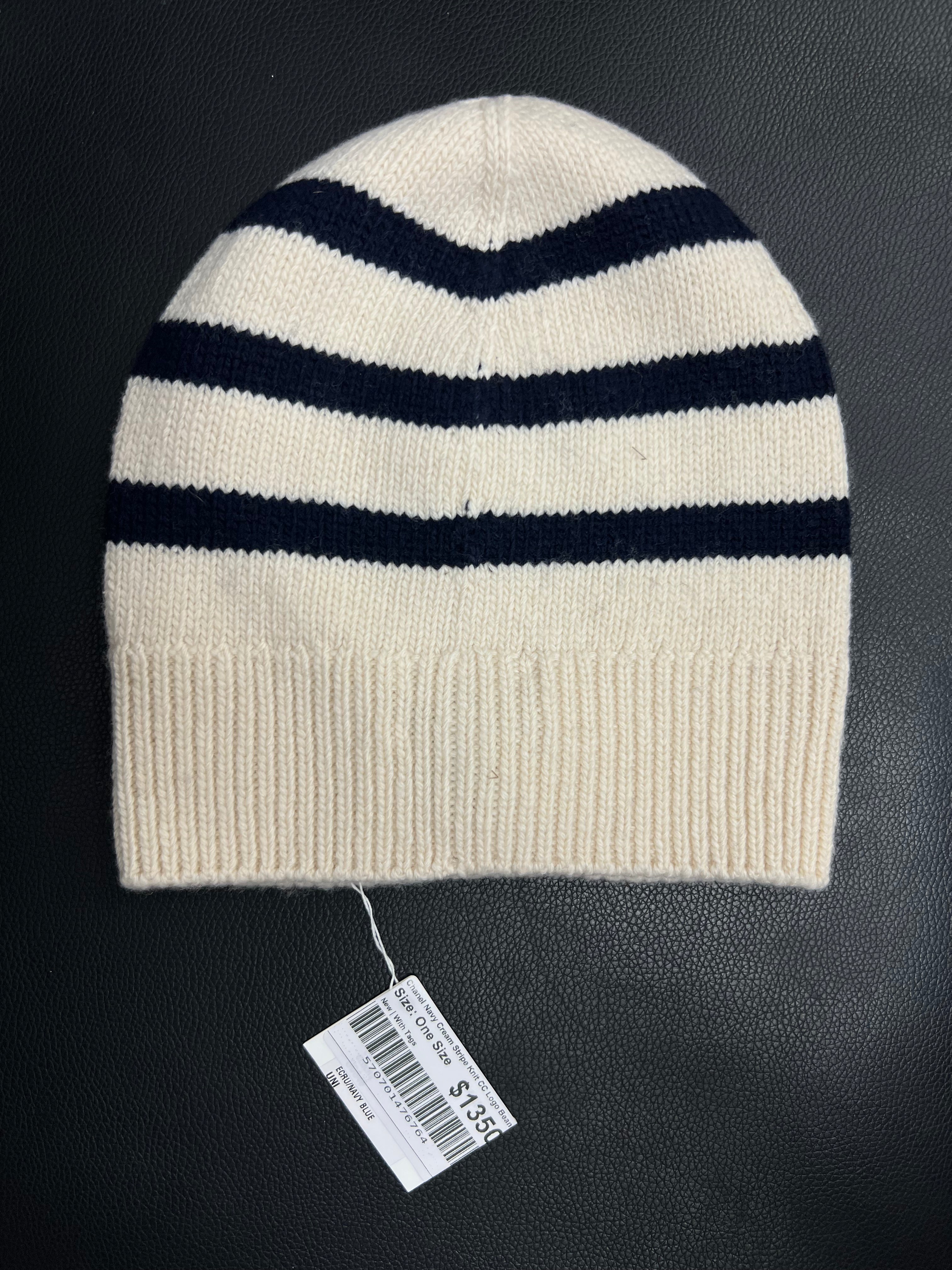 Chanel Navy Cream Stripe Knit CC Logo Beanie