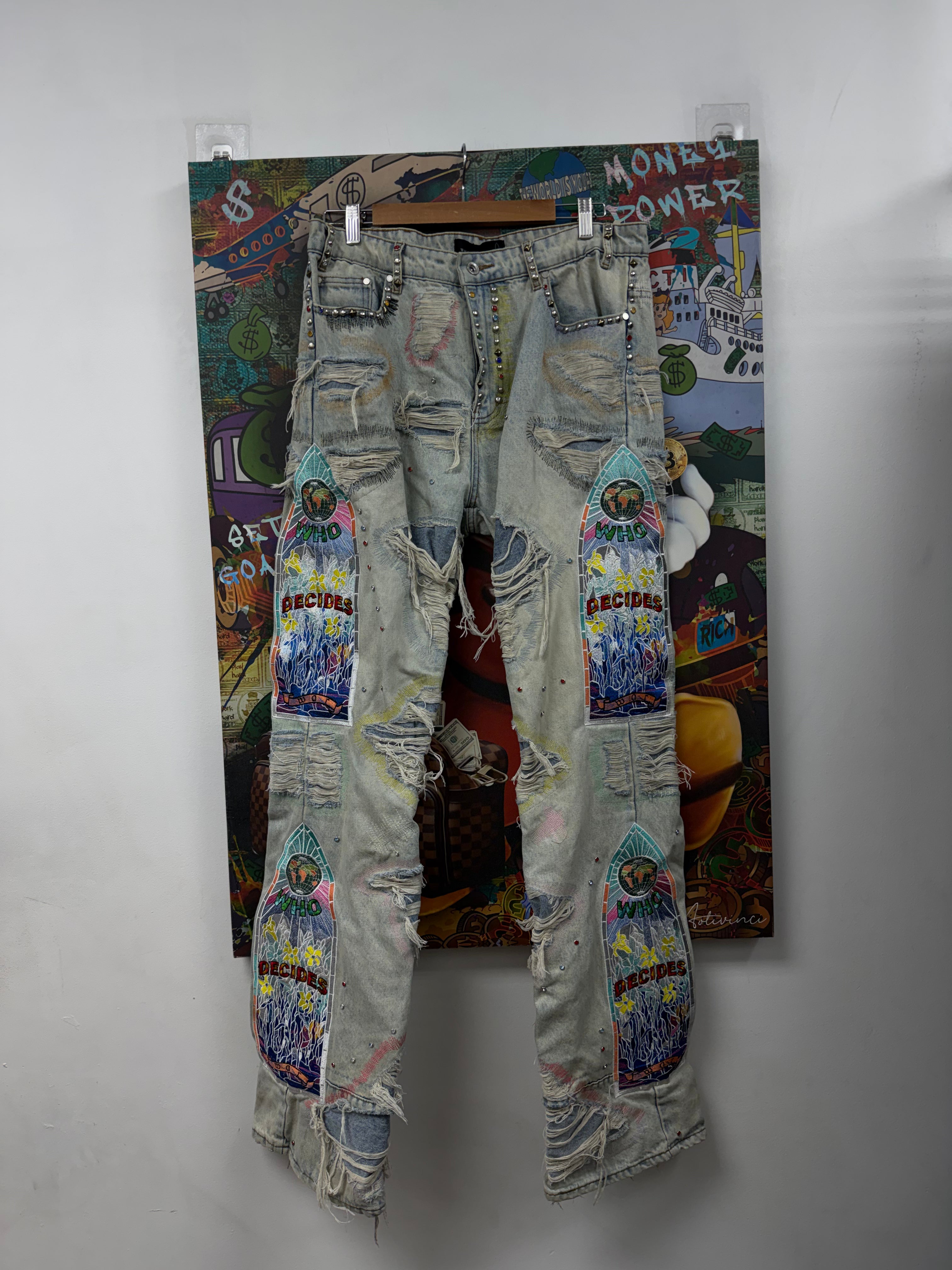 Who Decides War Light Wash Studded Stained Glass Jeans