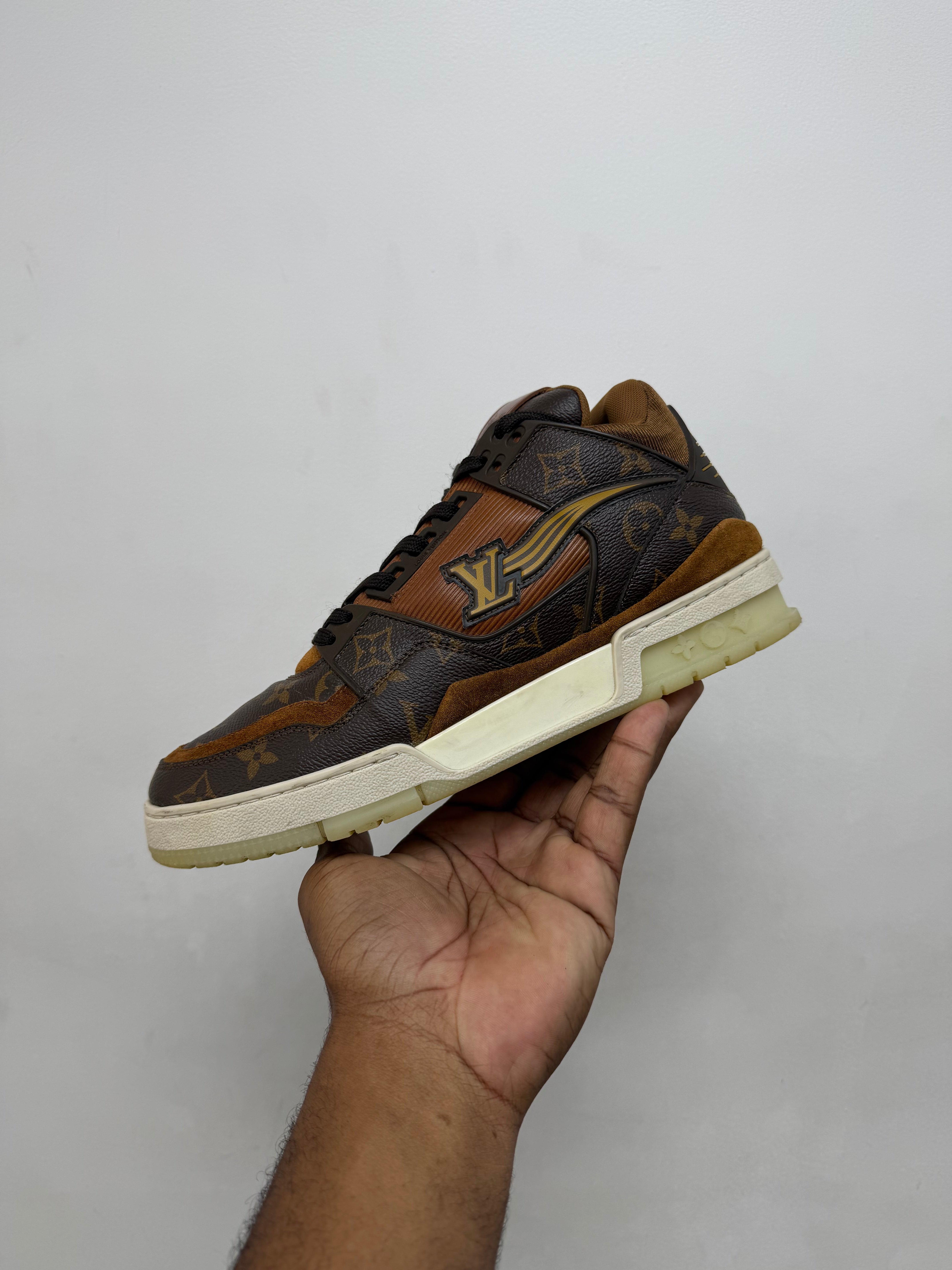 Louis Vuitton Brown Suede Monogram Translucent Mid Trainer Sneakers