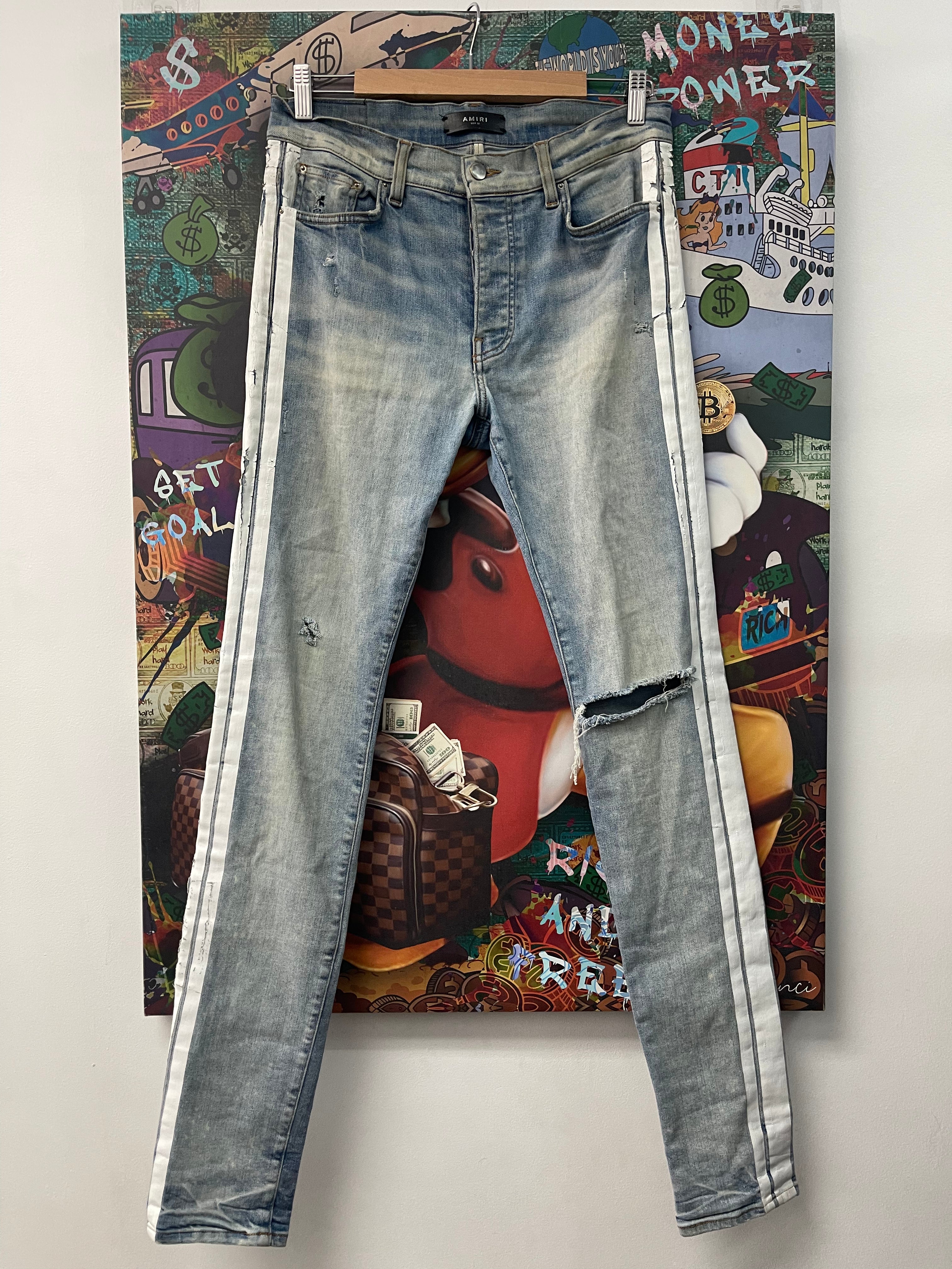 Amiri Light Wash White Stripe Jeans