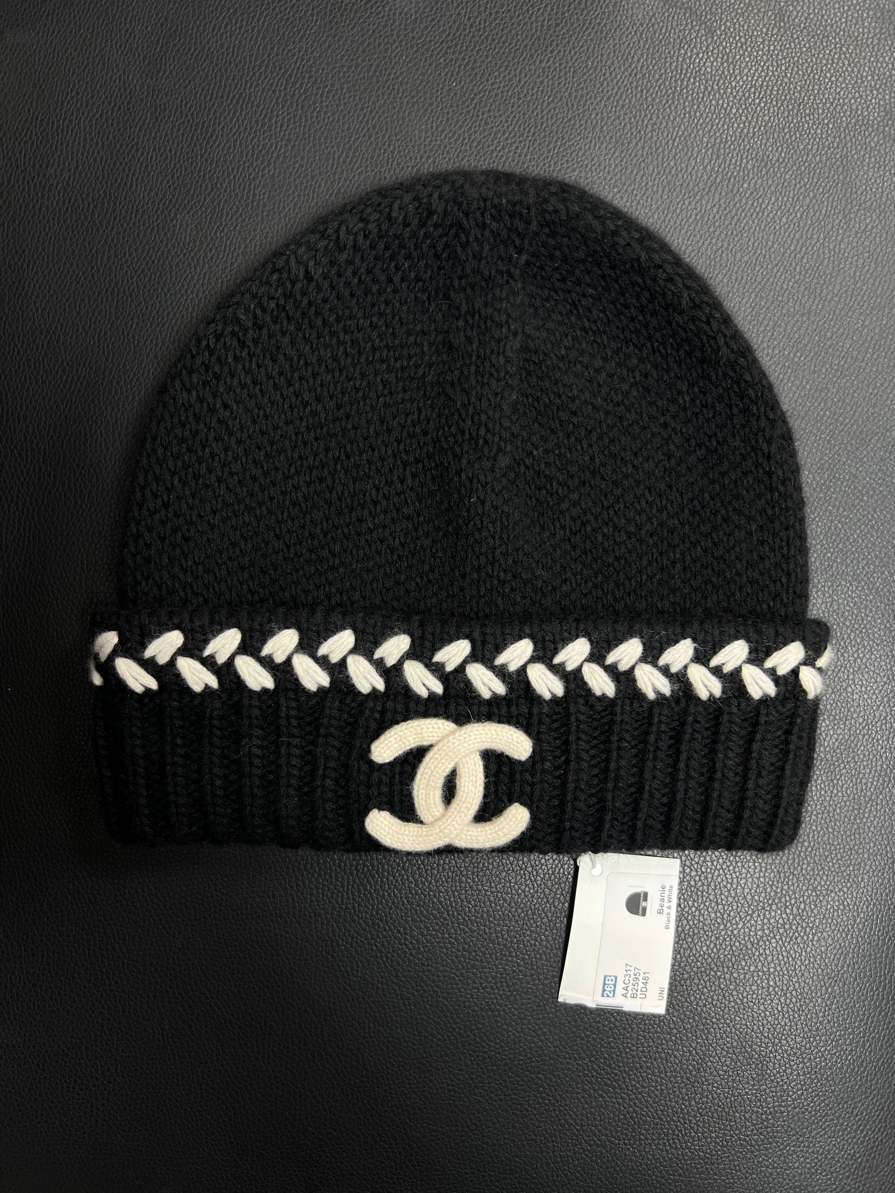 Chanel Black Cream Knit CC Embossed Logo Beanie