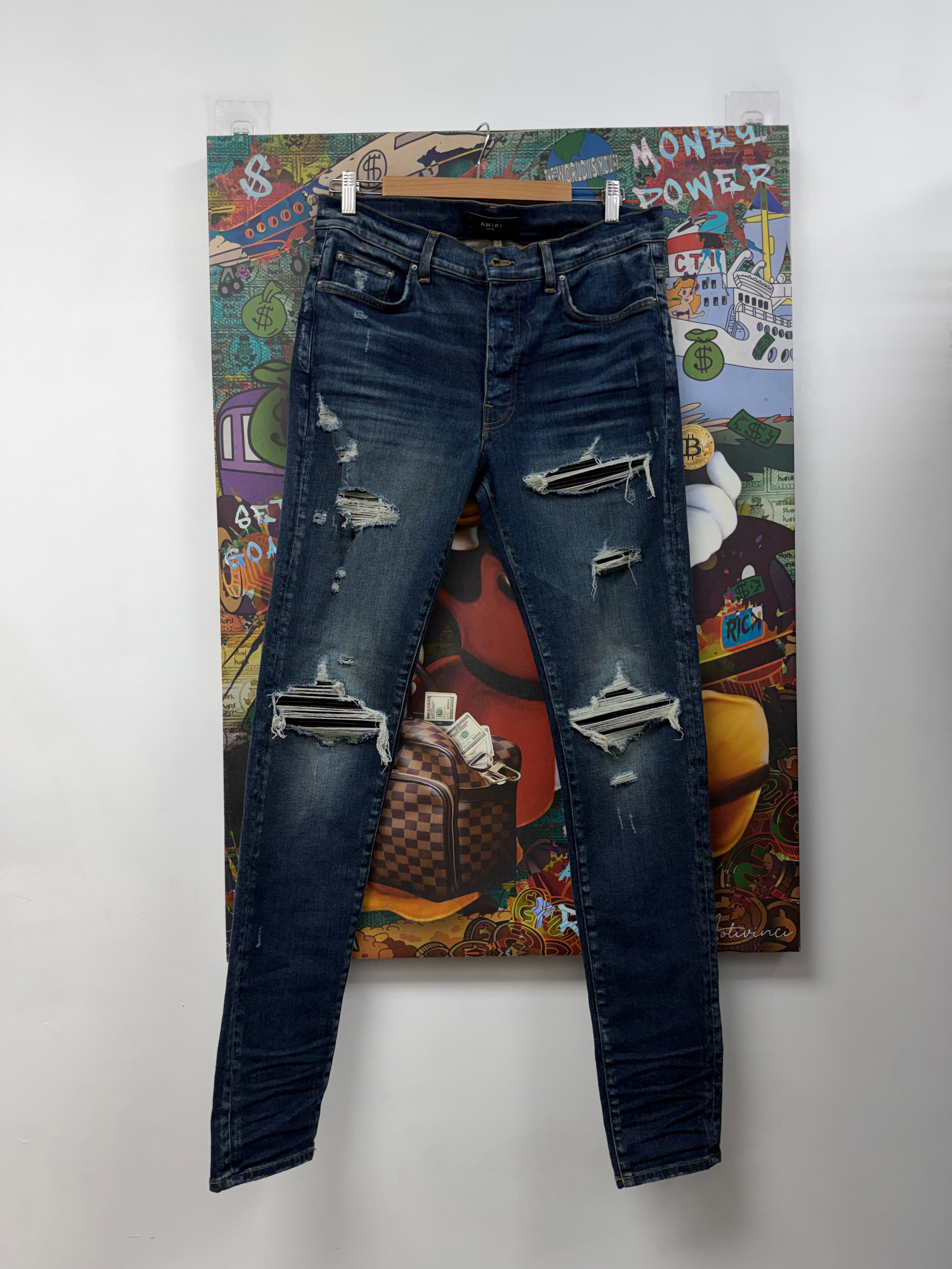 Amiri MX1 Navy Deep Classic Black Leather Patch Jeans