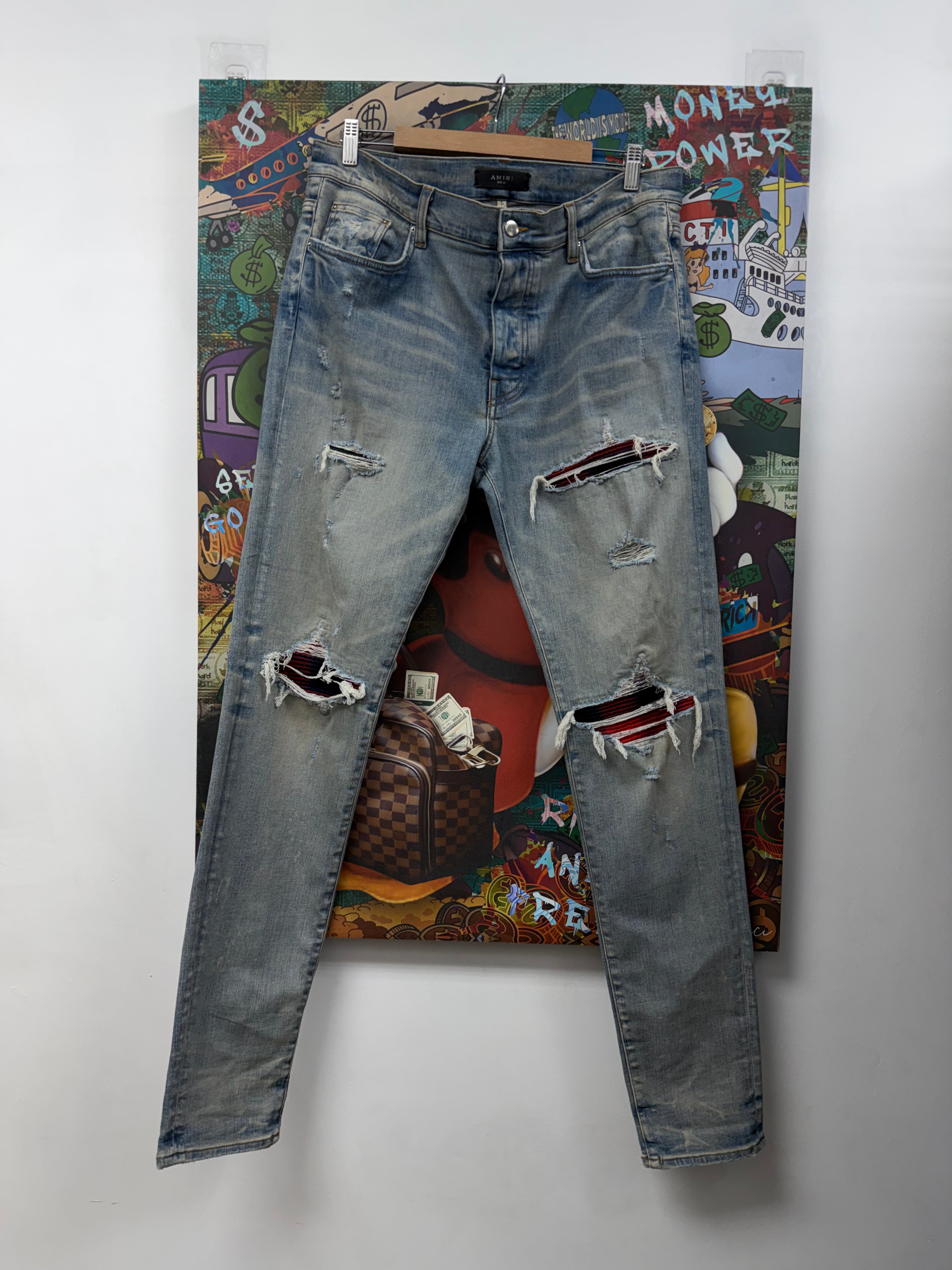 Amiri MX1 Light Wash Navy Red Plaid Patch Jeans