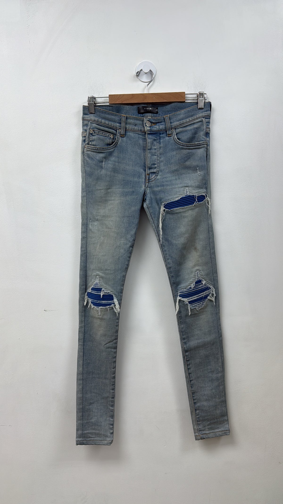 Amiri MX1 Light Wash Blue Suede Patch (Altered Short) Jeans