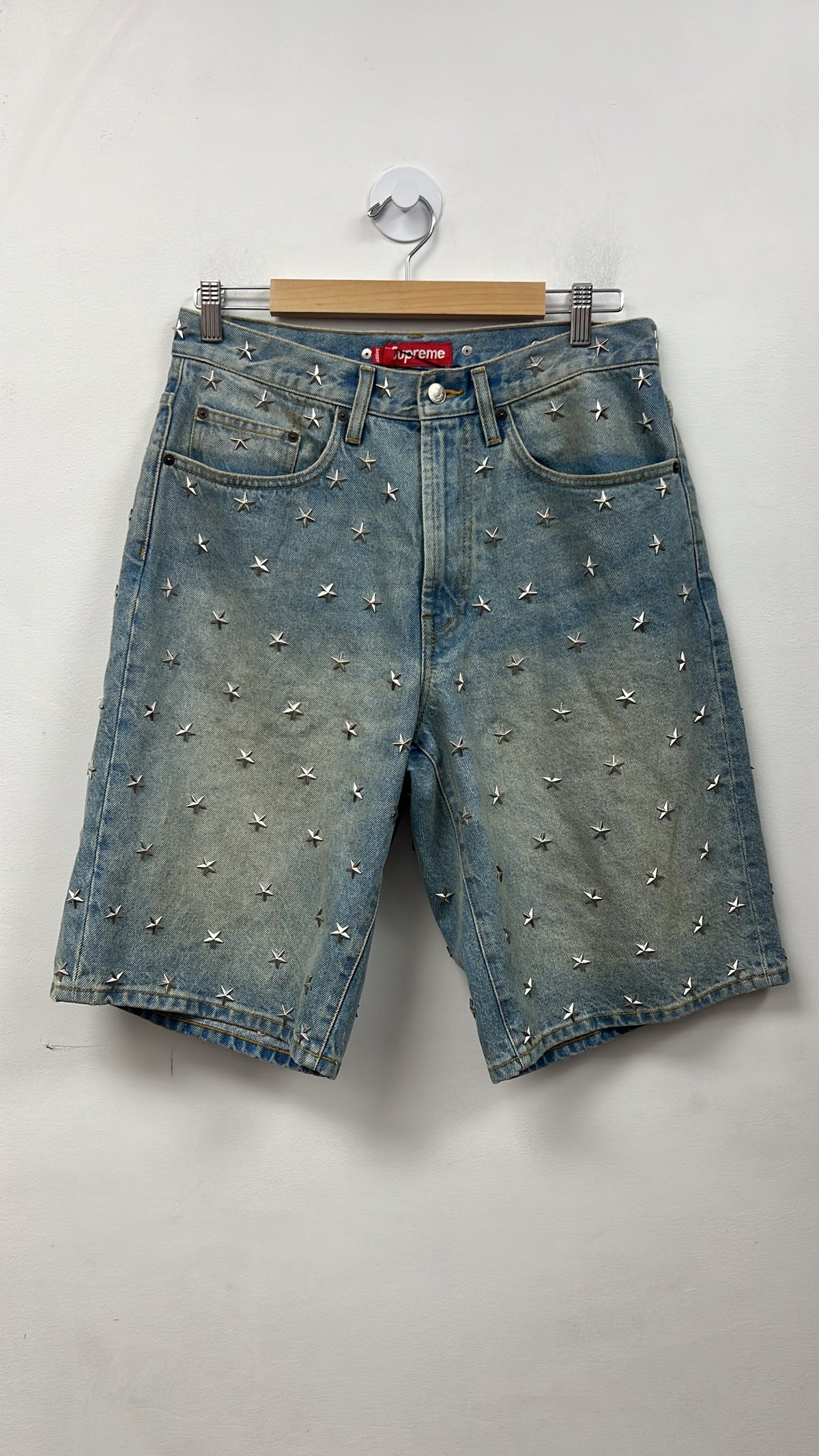 Supreme Light Wash Stars Studded Baggy Jean Shorts