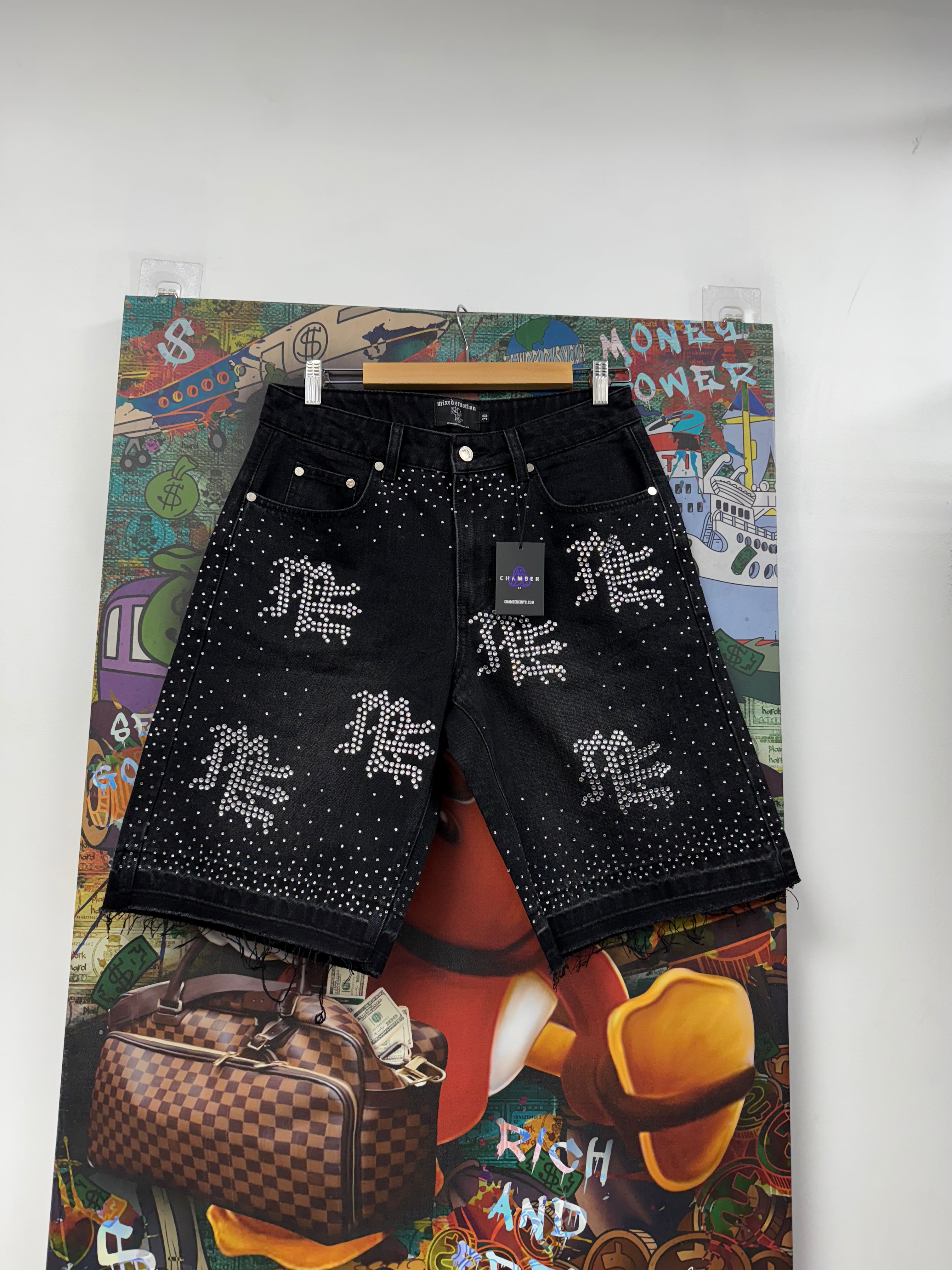 Mixed Emotions Black ME Rhinestone Shorts