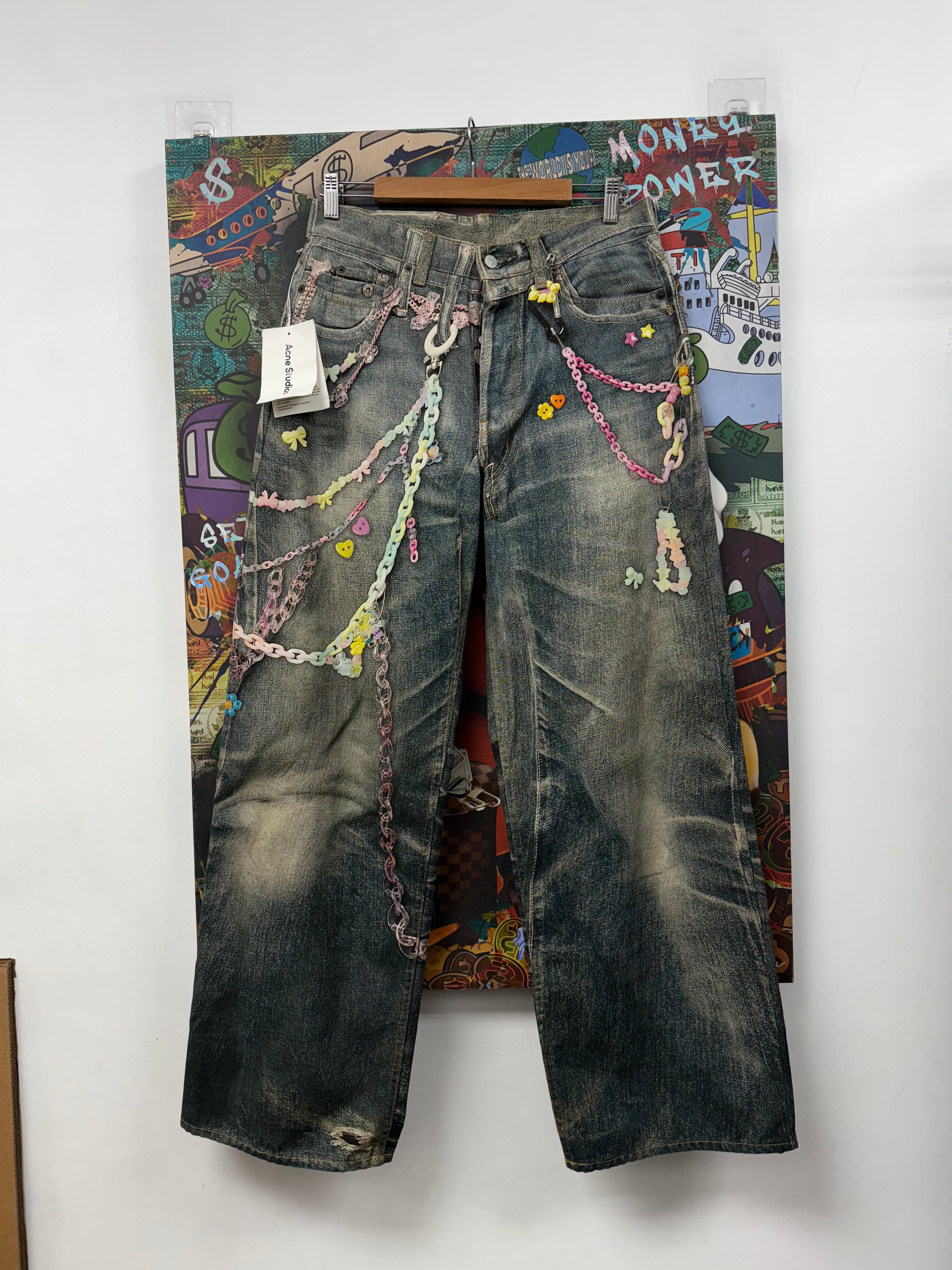 Acne Studios 1981m Loose Fit Mid Blue Wash Printed Trompe L Oeli Kawaii Keychains Jeans