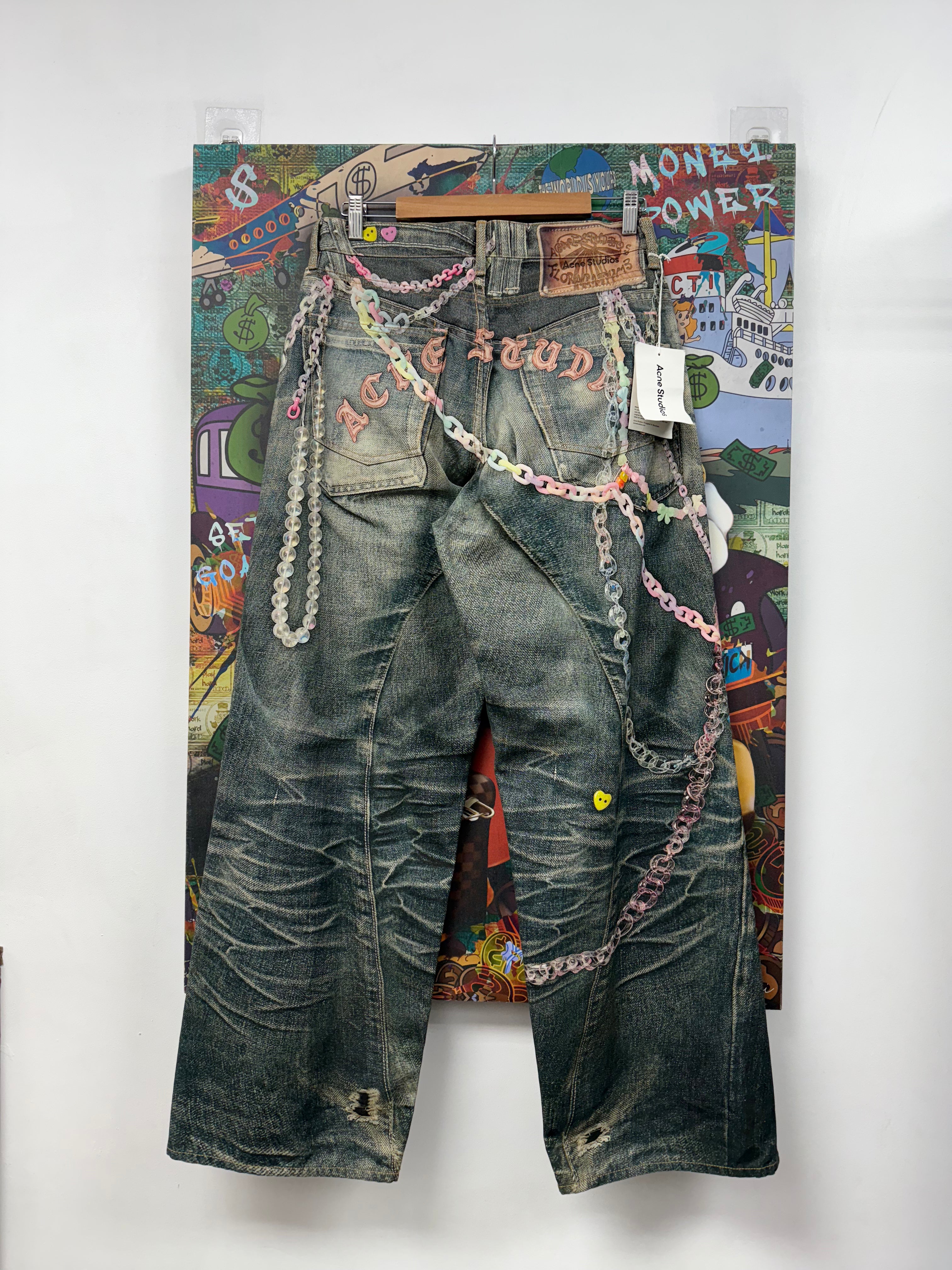 Acne Studios 1981m Loose Fit Mid Blue Wash Printed Trompe L Oeli Kawaii Keychains Jeans
