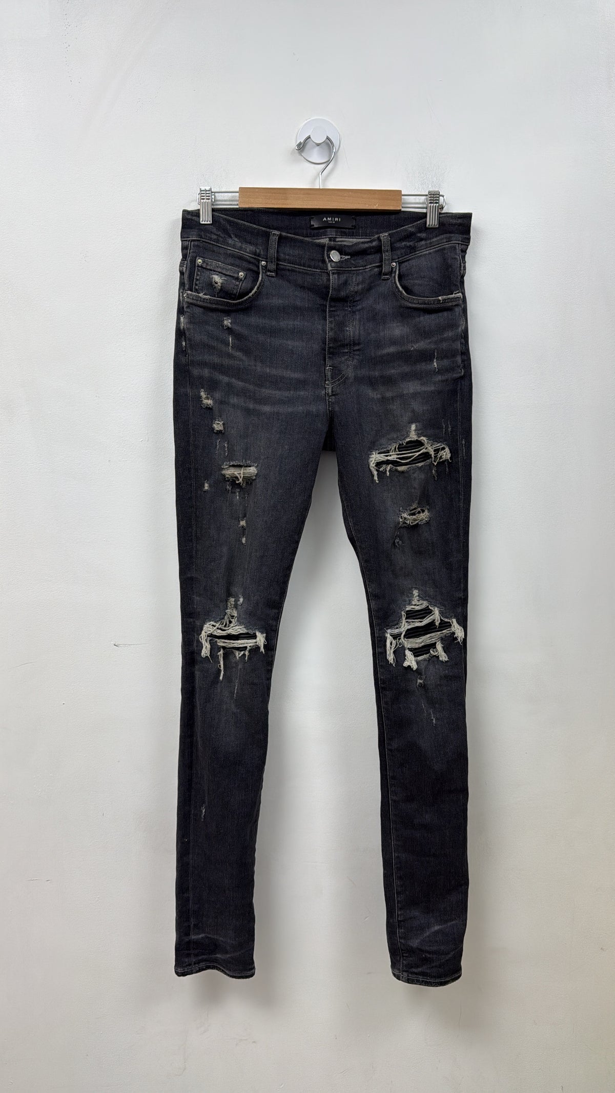 Amiri MX1 Grey Black Leather Patch Jeans