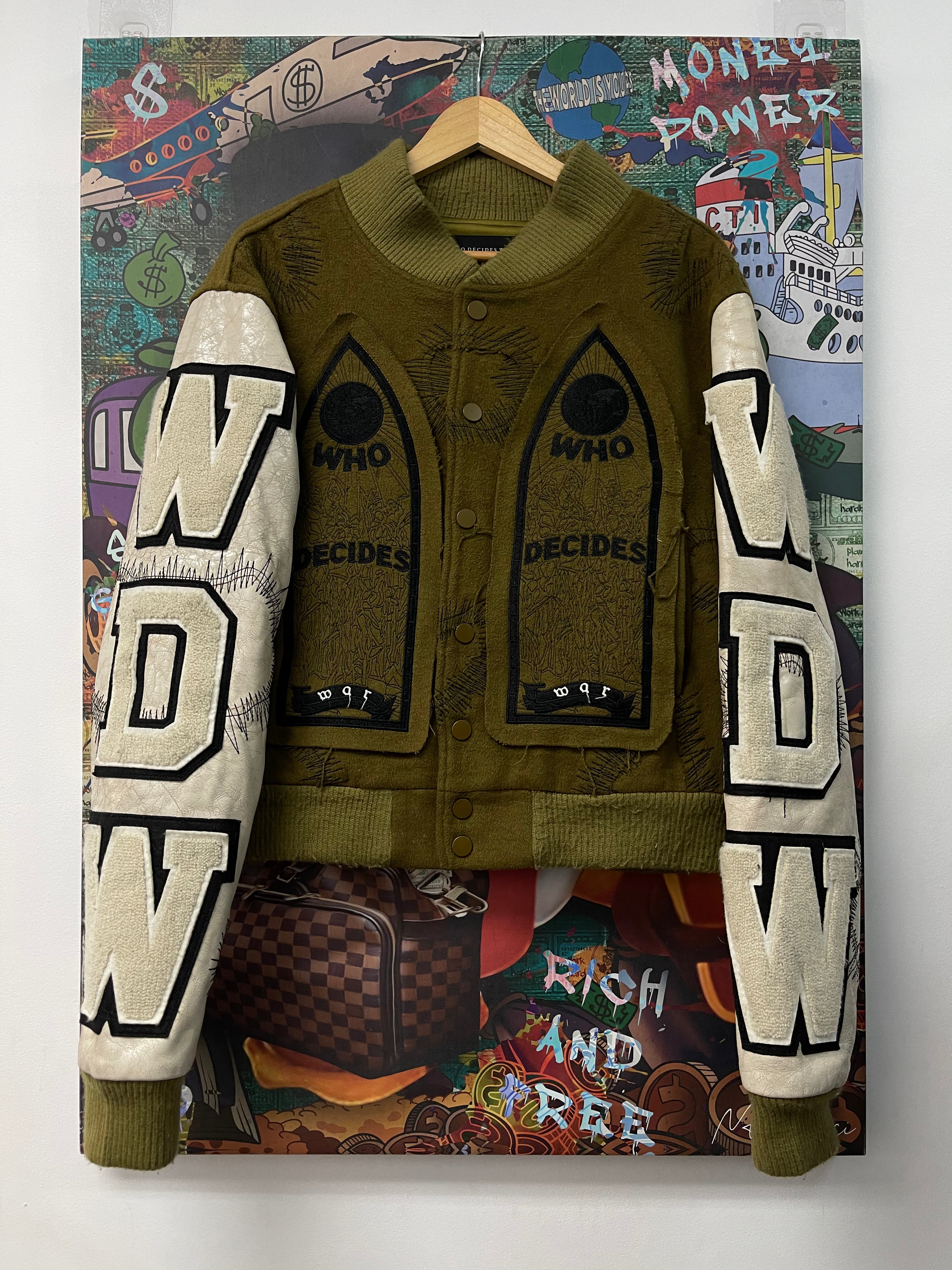 Who Decides War Olive Stained Varsity Jacket