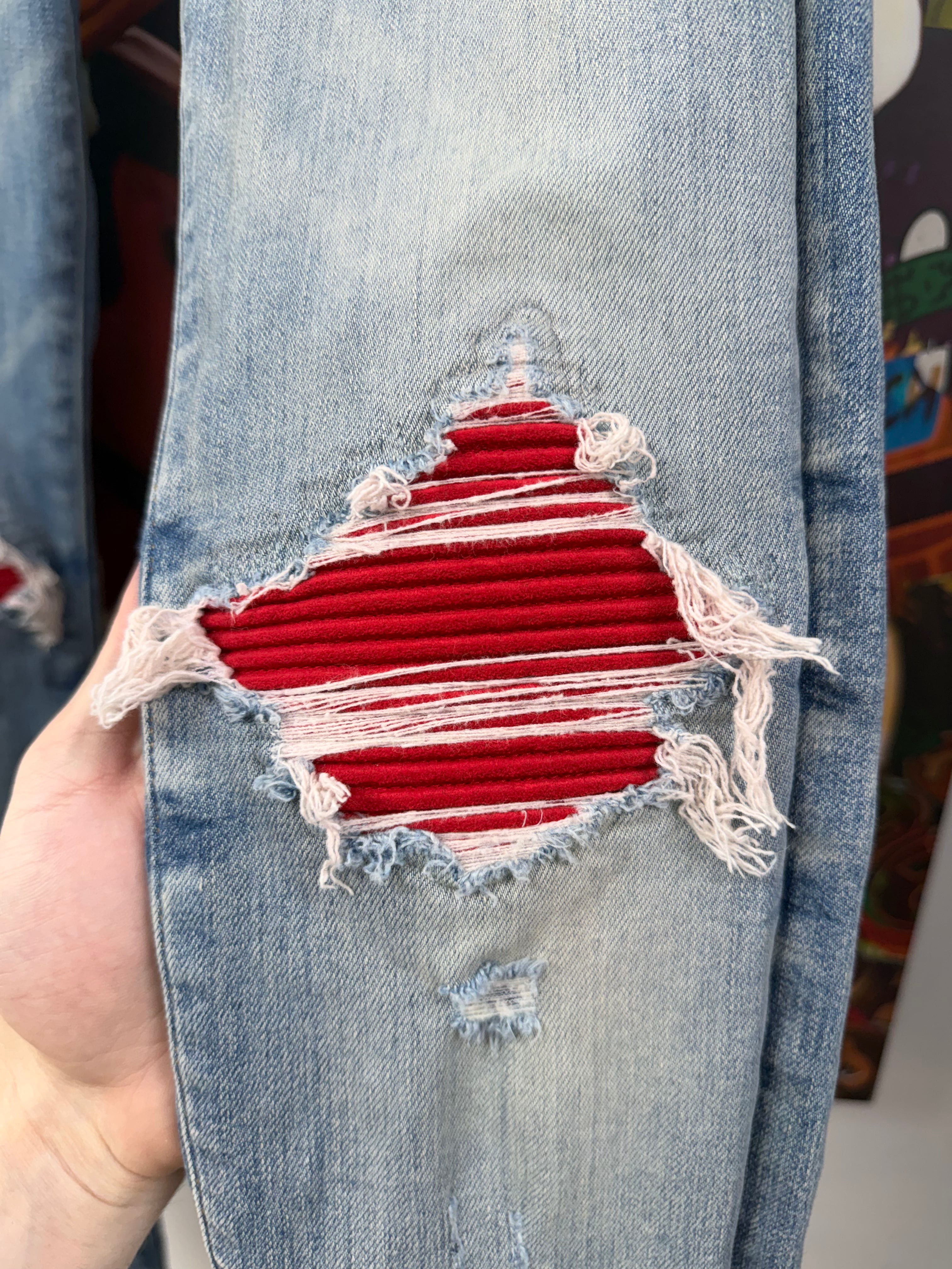 Amiri MX1 Light Wash Red Patch Jeans