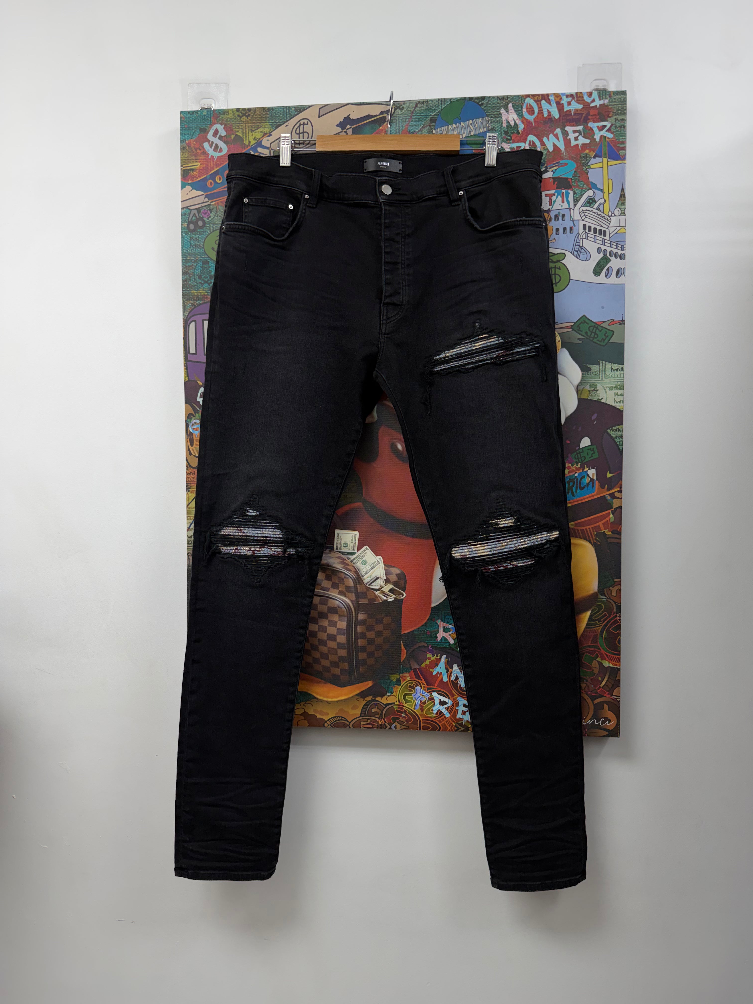 Amiri MX1 Black Blue Maroon Crane Patch Jeans