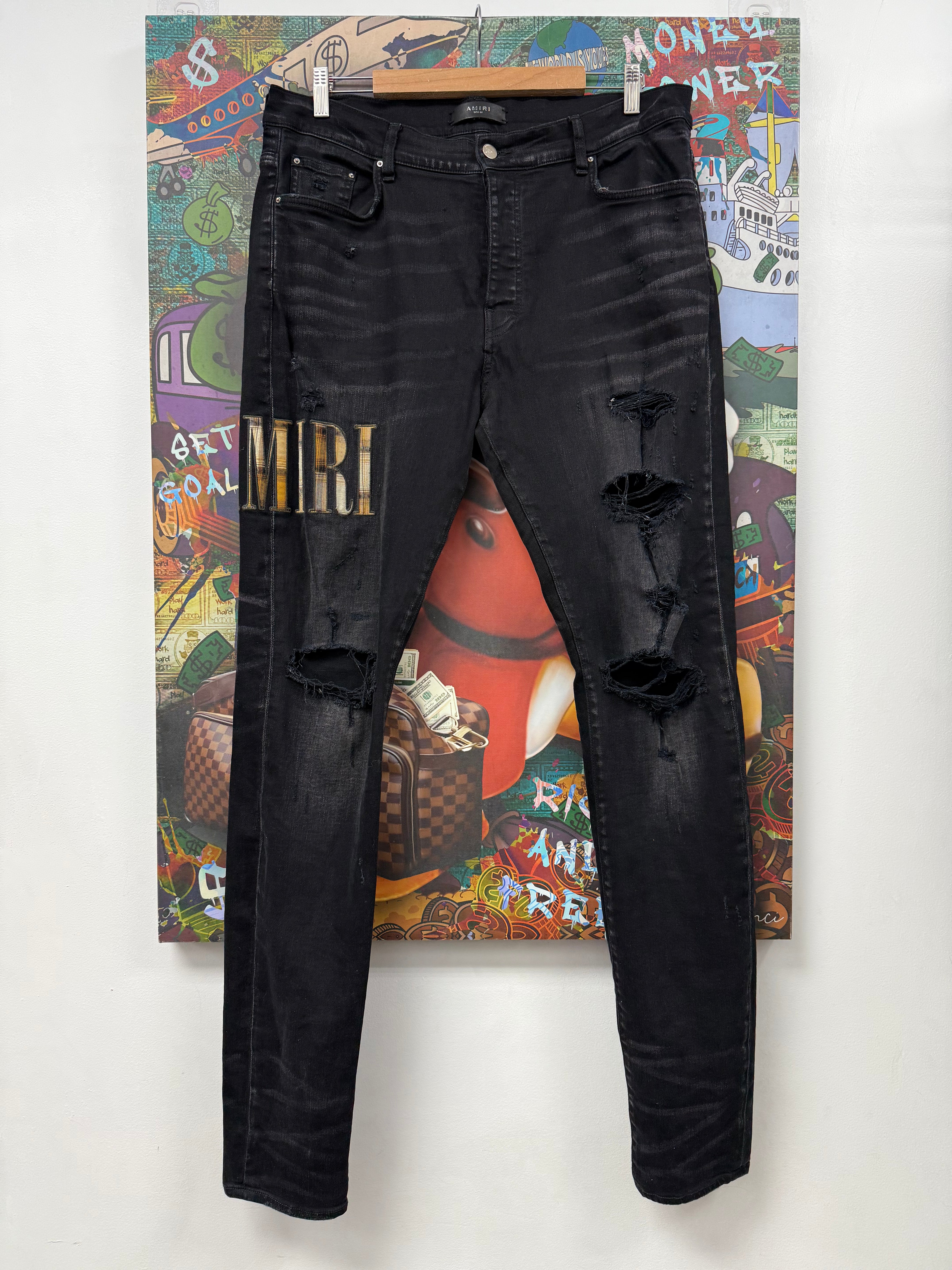 Amiri Black Wash Yellow Plaid Side Logo Jeans