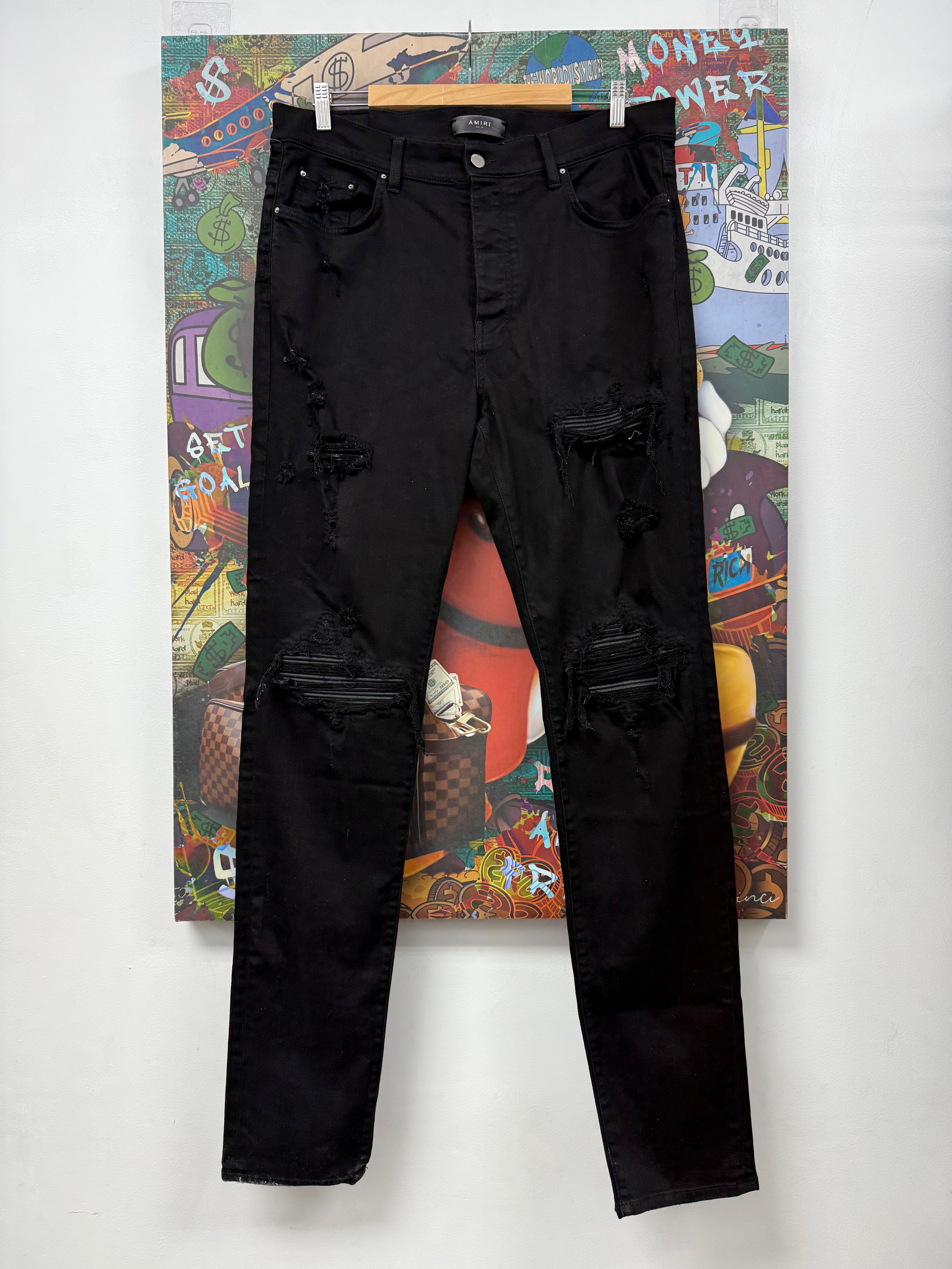 Amiri MX1 Black Black Leather Patch Jeans