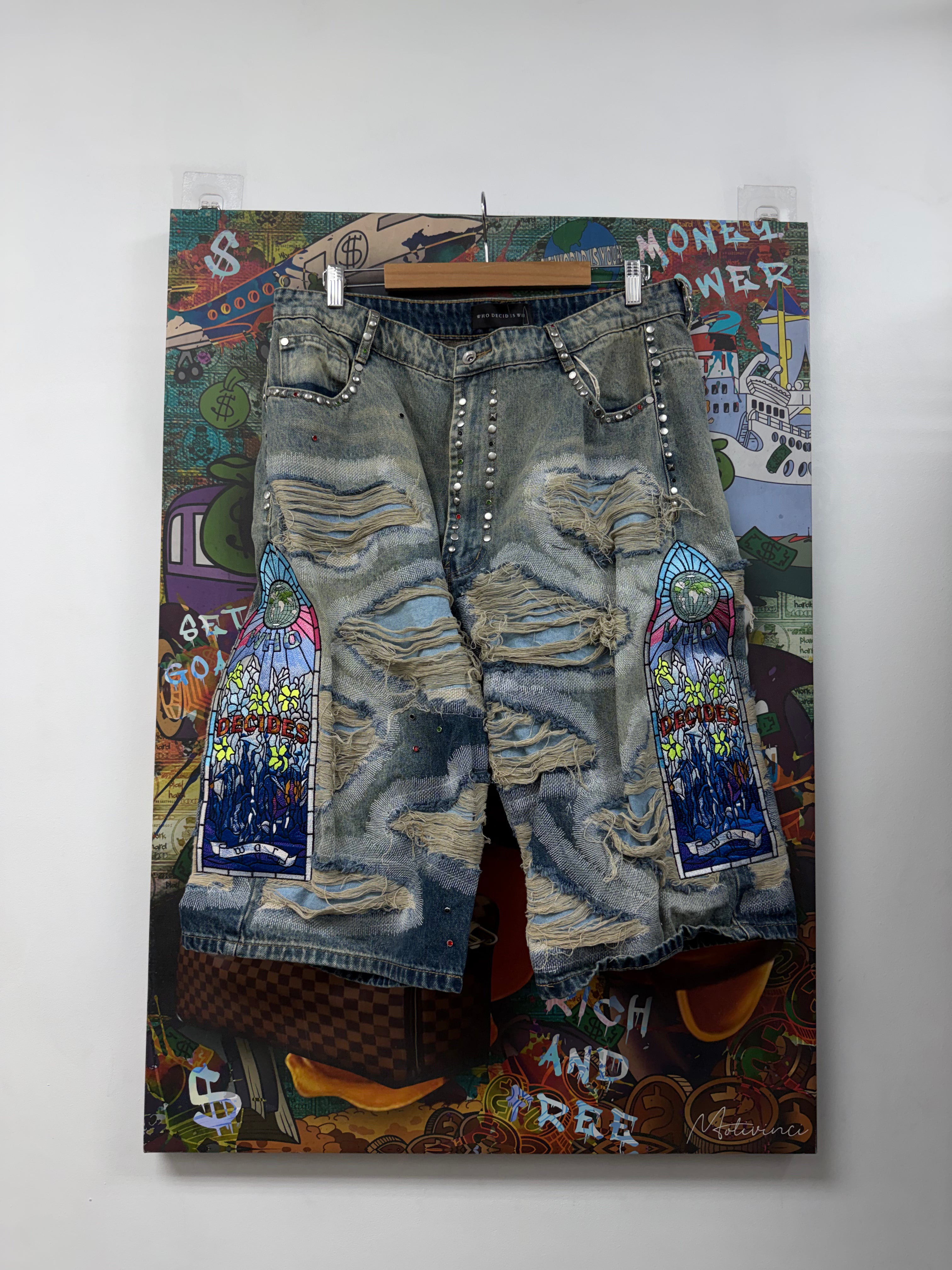 Who Decides War Light Wash Chrome Studded Embroidered Shorts