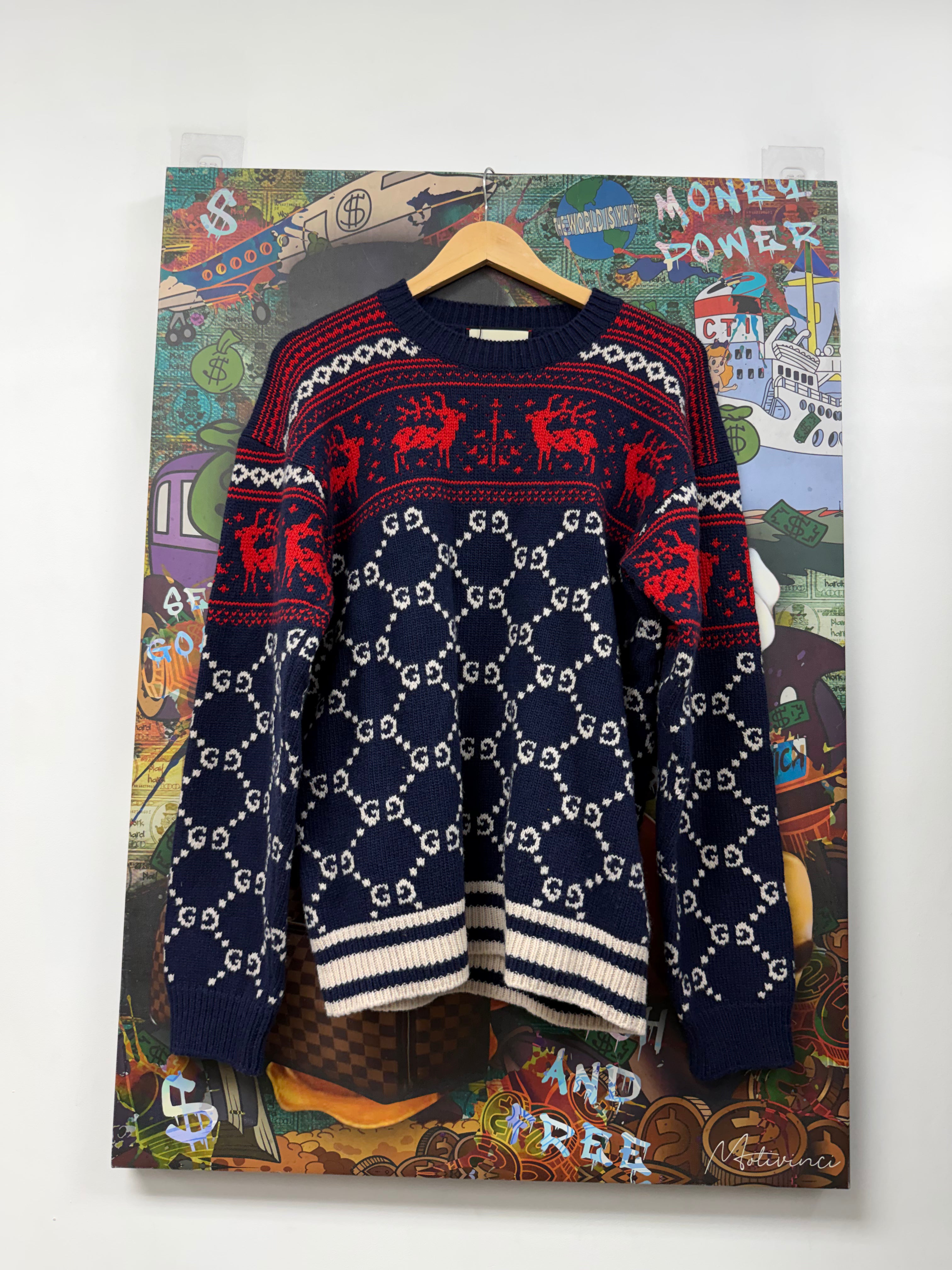 Gucci Navy Red Cream Knit Monogram Sweater