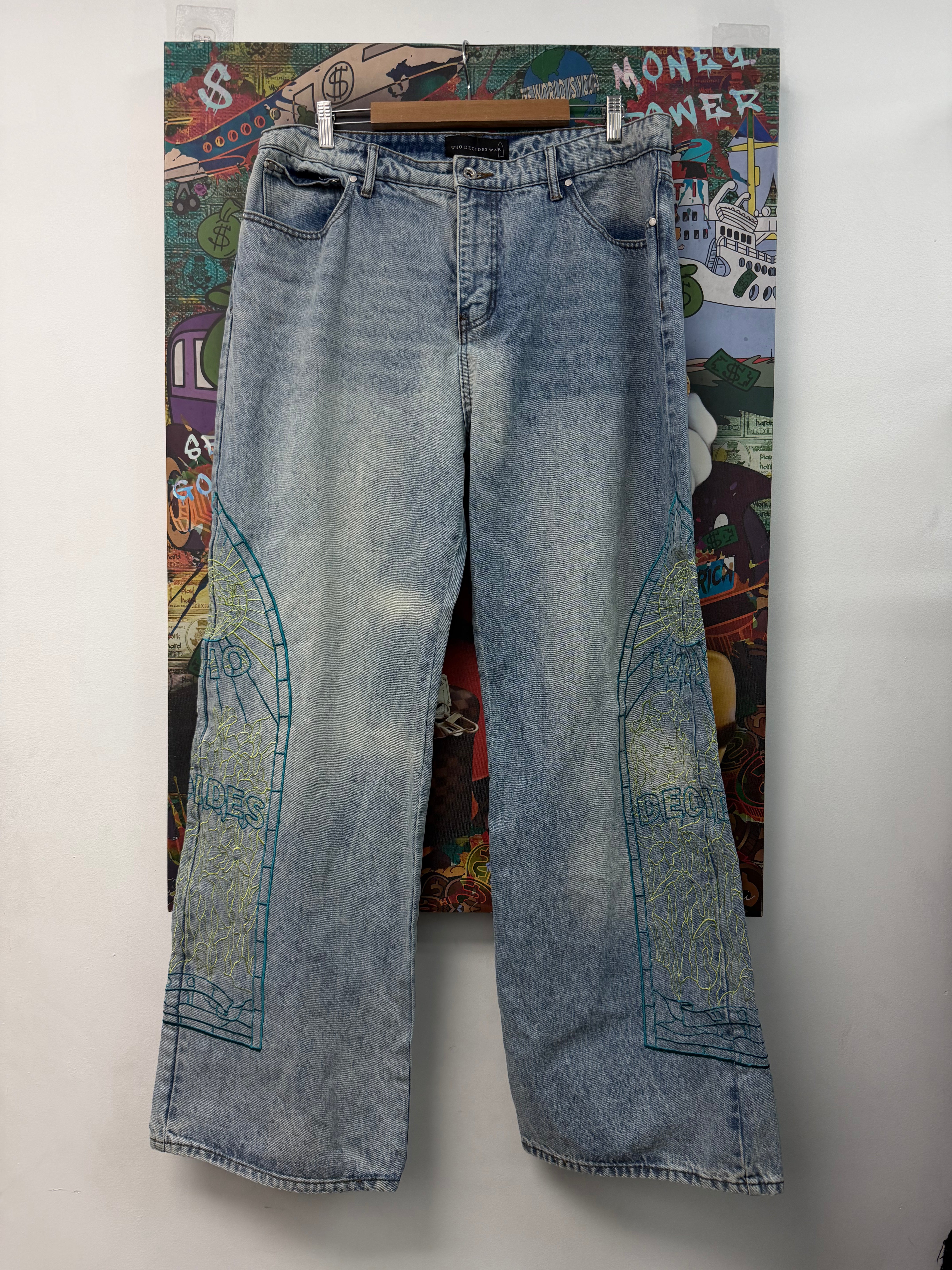 Who Decides War Light Wash Neon Blue Cowboy Jeans