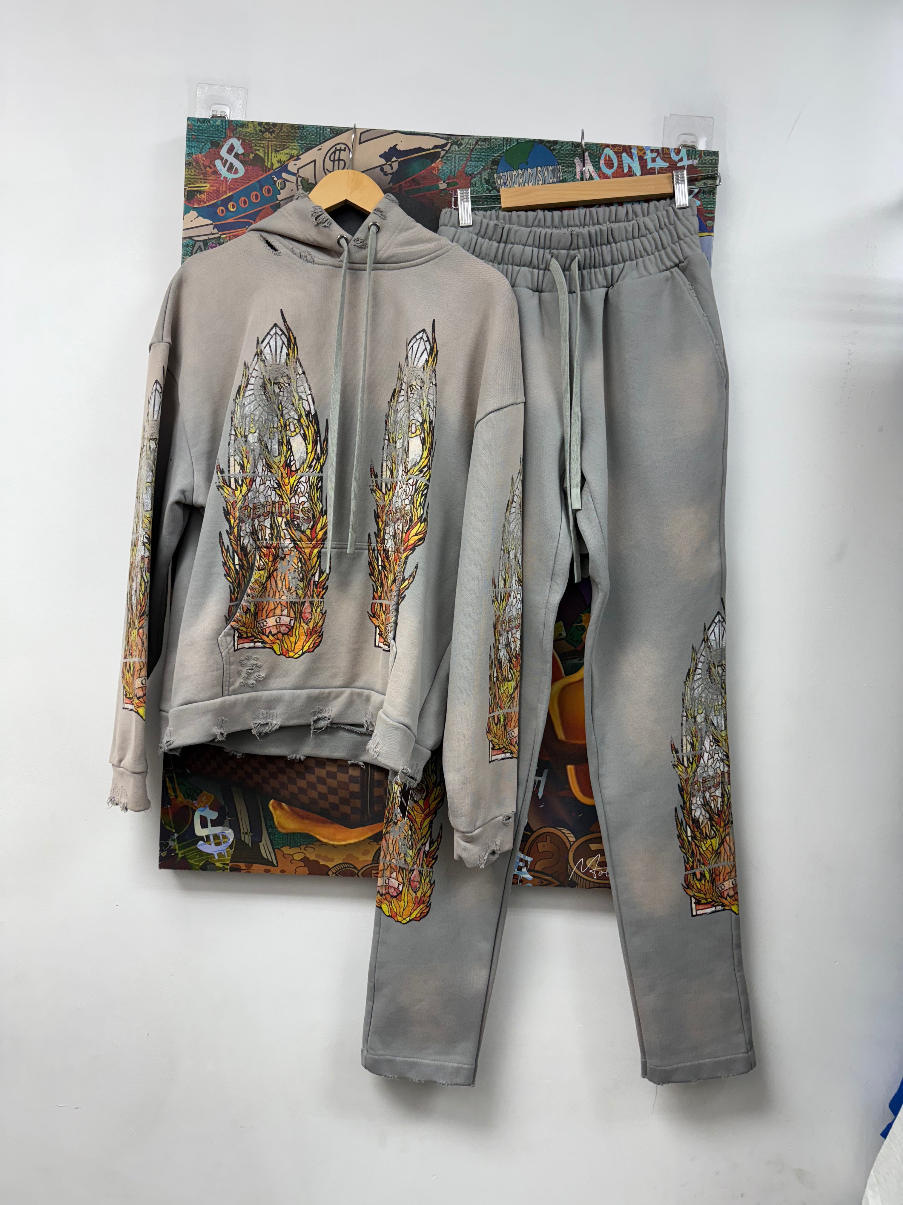 Who Decides War Vintage Grey Flames Glass (Pants Altered Fit Small) Sweatsuit